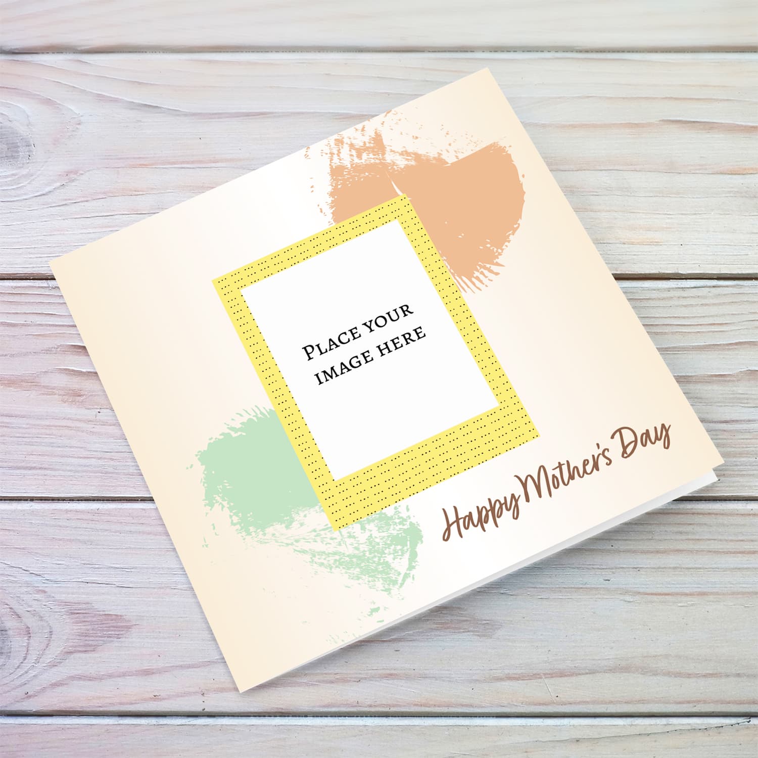 Light background with green and brown brush strokes photo mother's day card in English