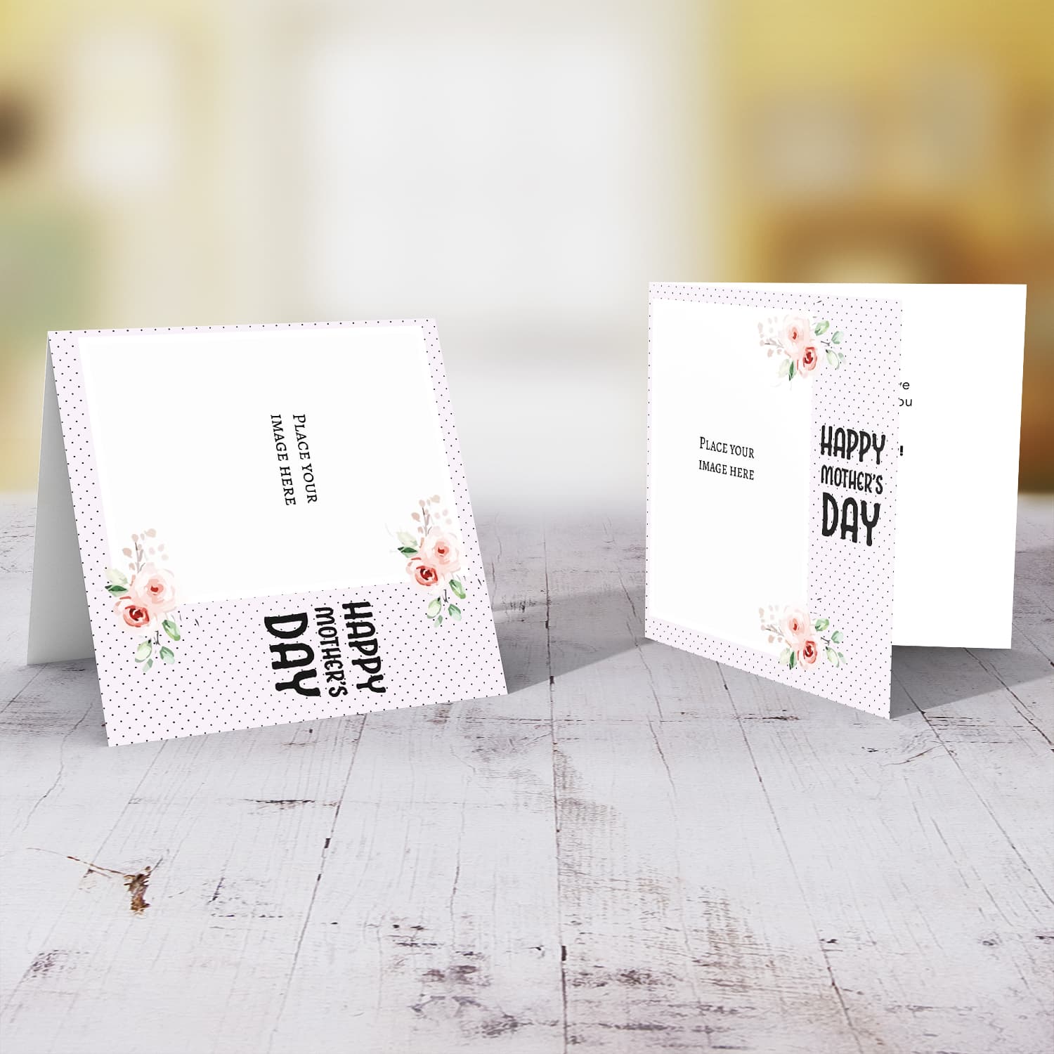 Light pink with dotted background and flowers photo mother's day card in English