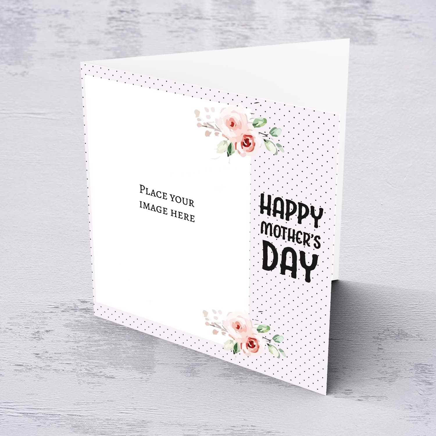 Light pink with dotted background and flowers photo mother's day card in English