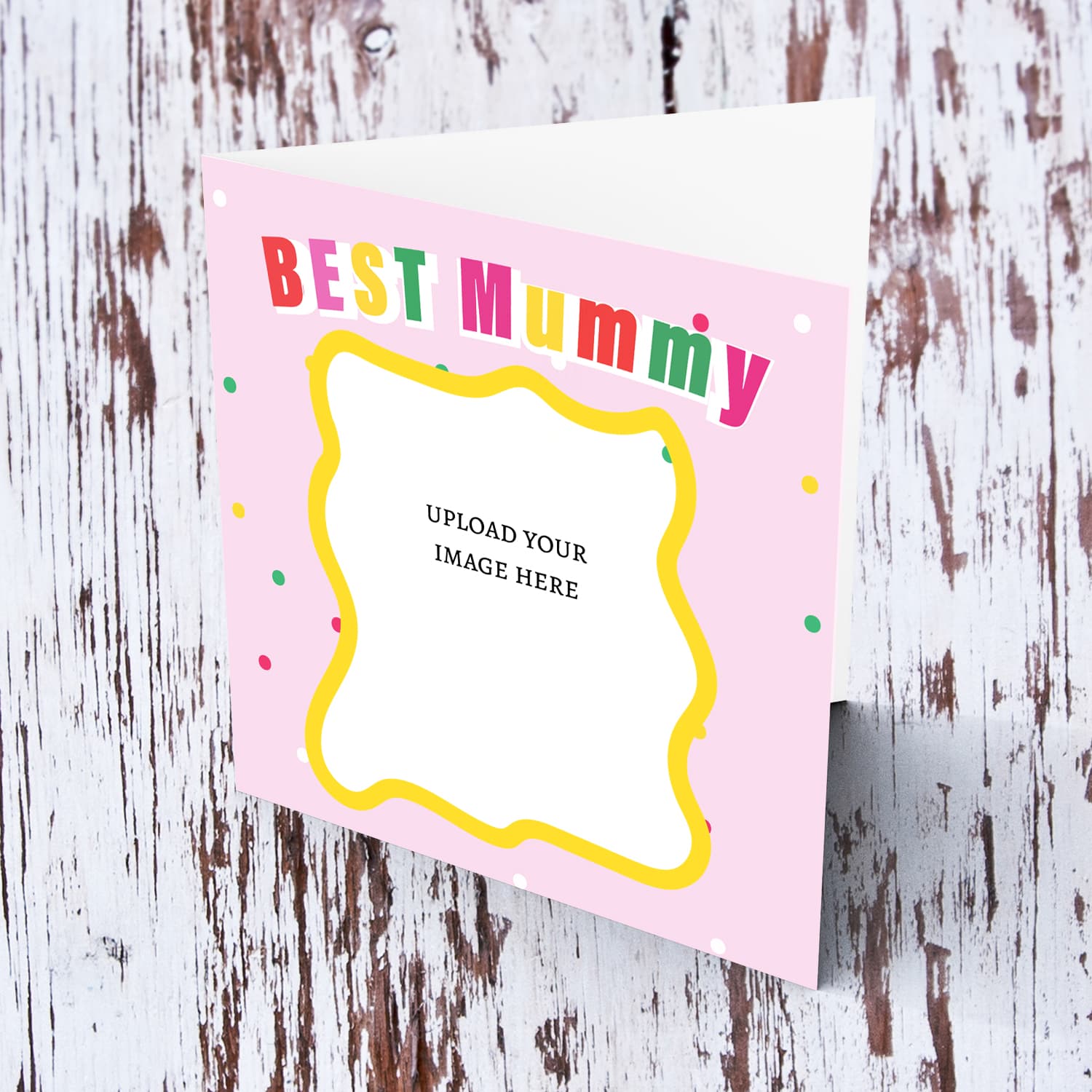 Best Mummy photo card featuring colourful text, pink background and wobbly border in English 