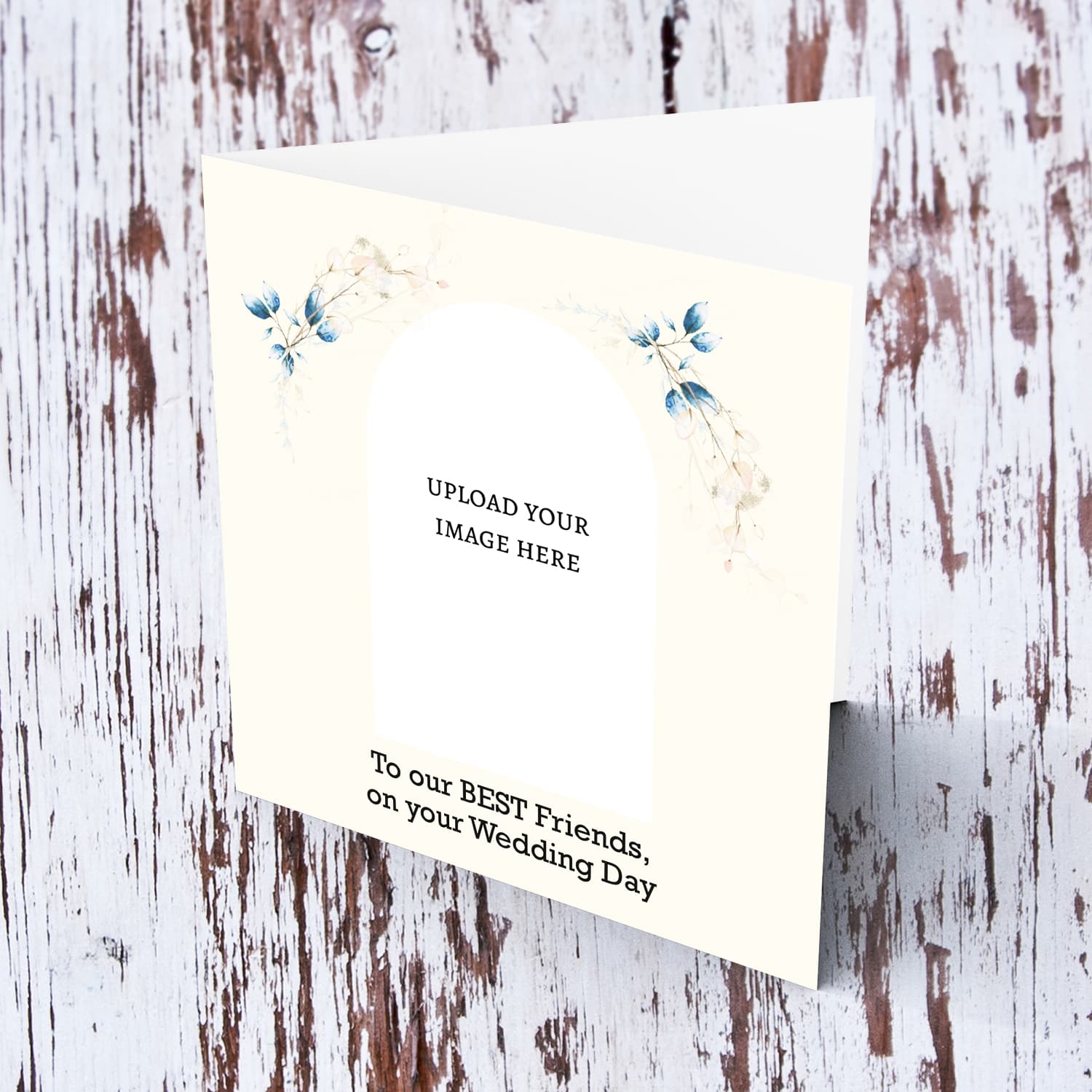 A dainty photo wedding card for best friends featuring light blue leaves / florals in English 
