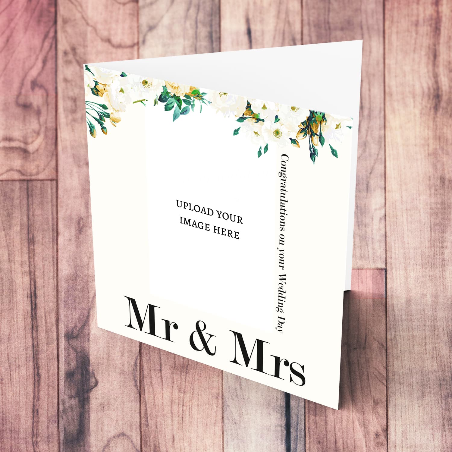 A minimalist photo card for Mr & Mrs with dainty florals and light cream background in English