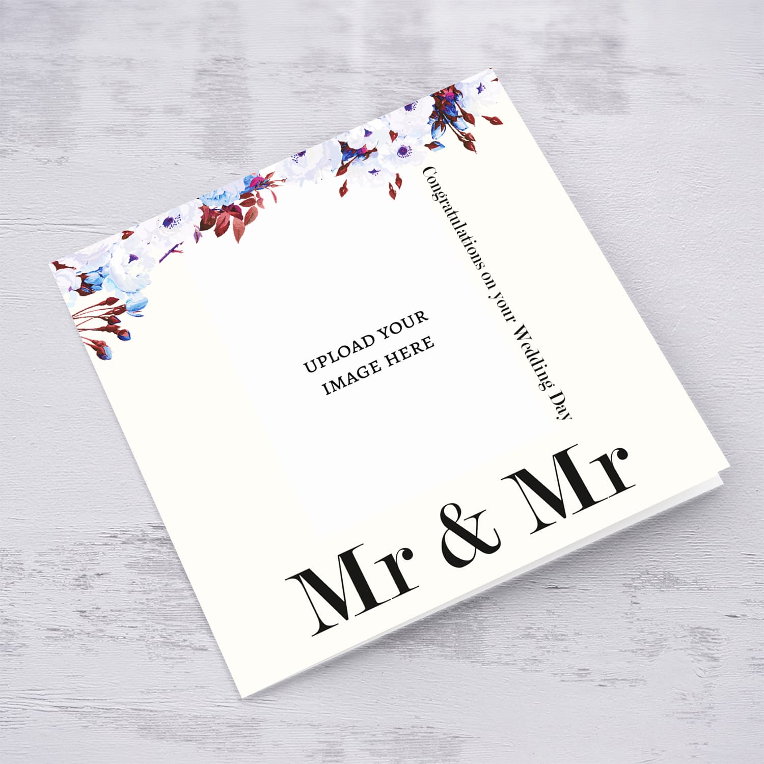 A minimalist photo card for Mr & Mr with dainty florals and light cream background in English
