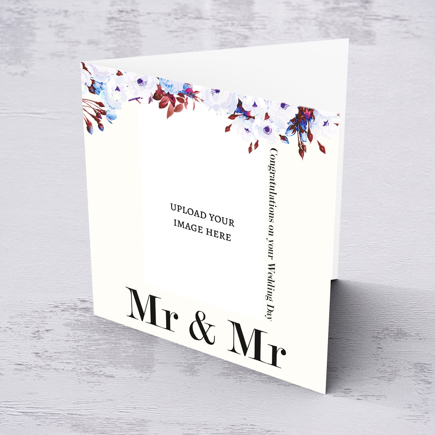 A minimalist photo card for Mr & Mr with dainty florals and light cream background in English