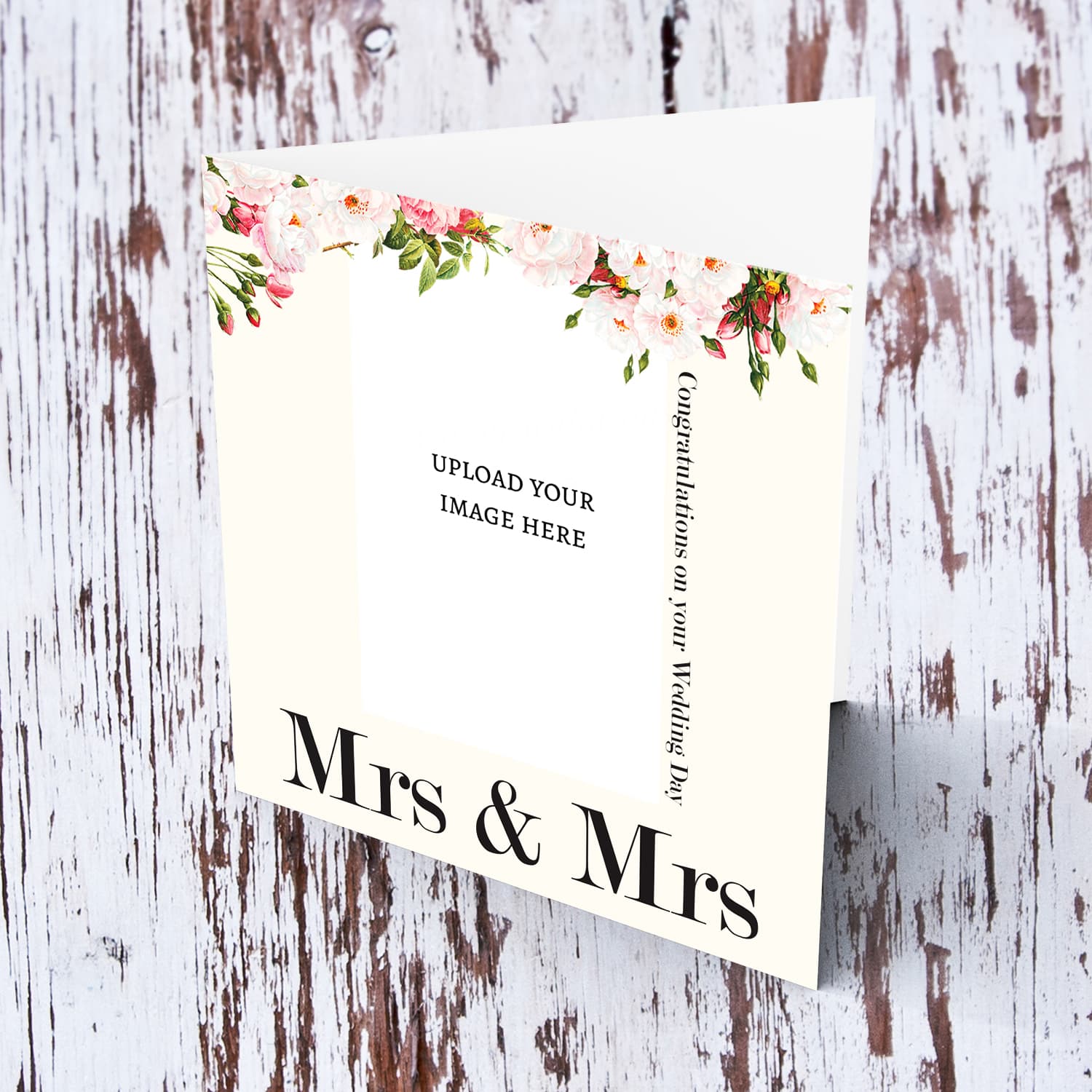 A minimalist photo card for Mrs & Mrs with dainty florals and light cream background in English