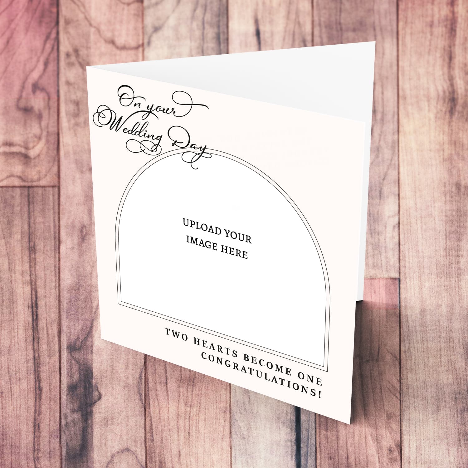 An elegant photo wedding card in a light coloured background and black text - Two hearts become one in English