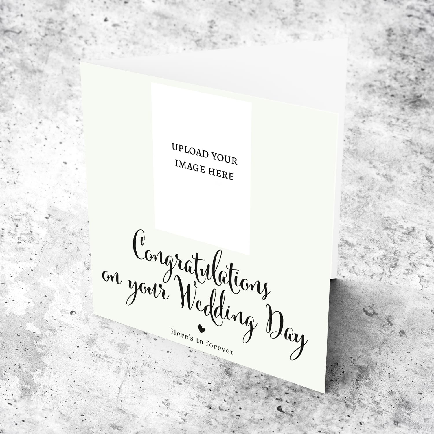 A minimalist Wedding photo card, in a light background, black text and heart in English