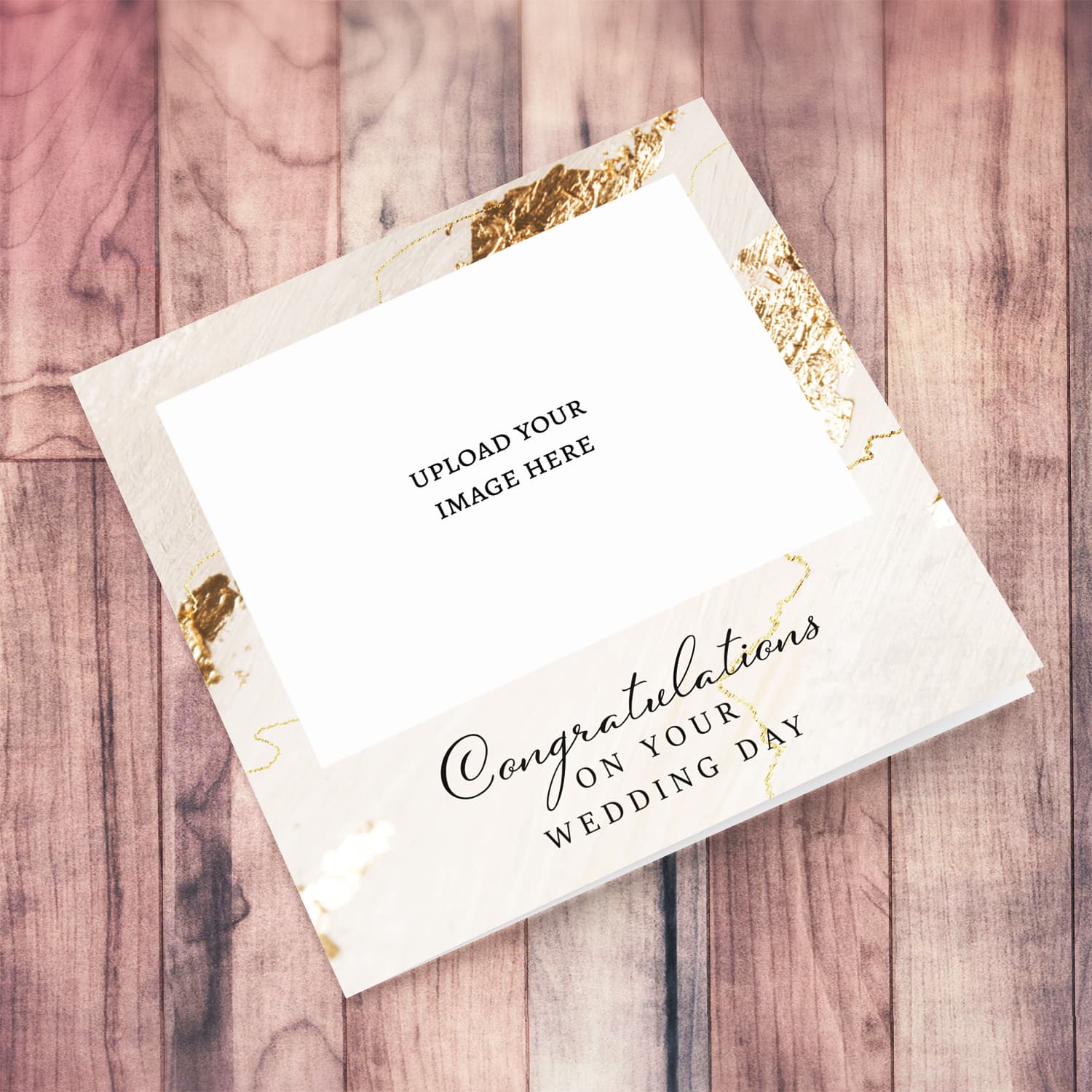 An elegant photo wedding card with a marble and gold design in English
