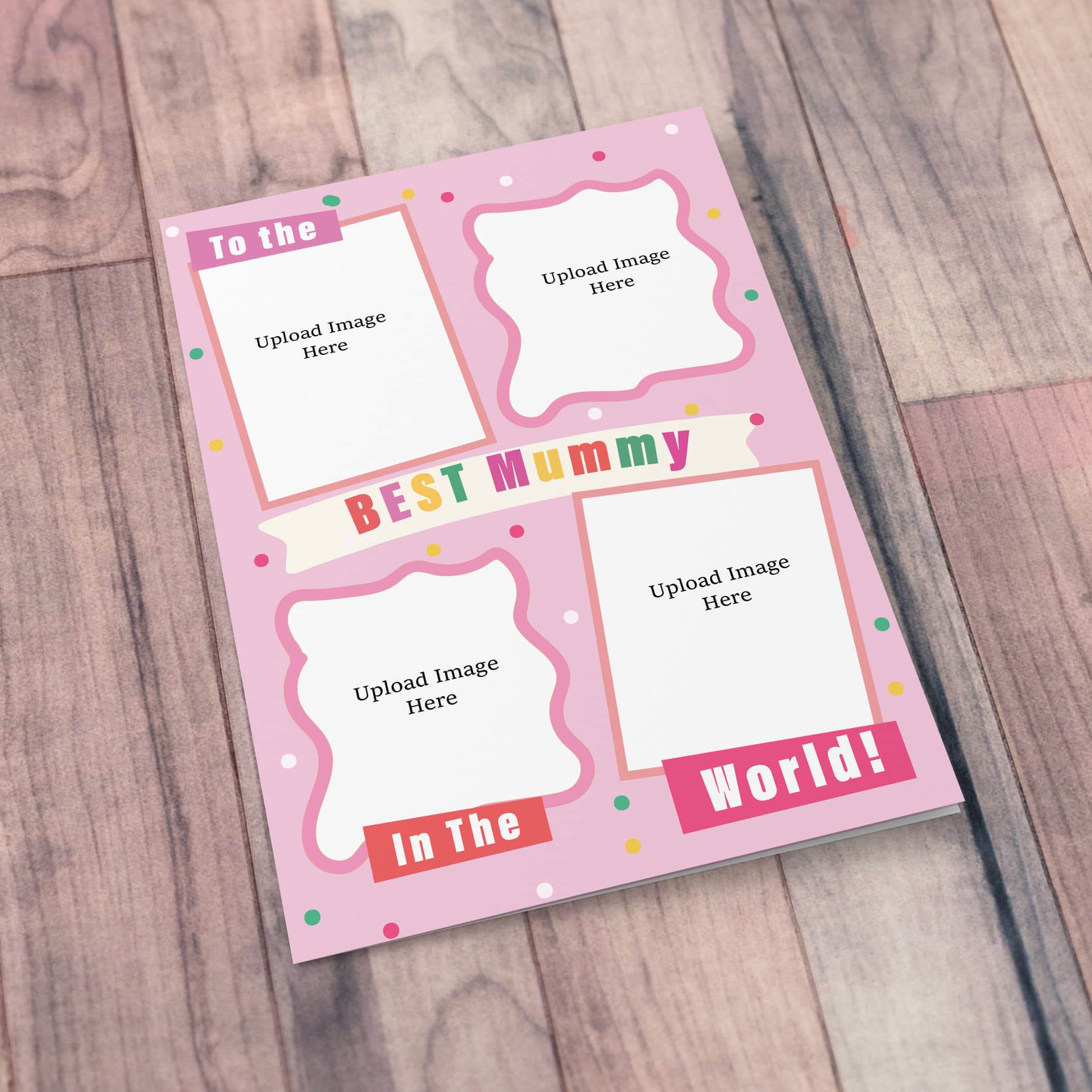 A beautiful A5 photo birthday / mother's day card for mummy in a light pink toned colour scheme with 4 photo windows in English
