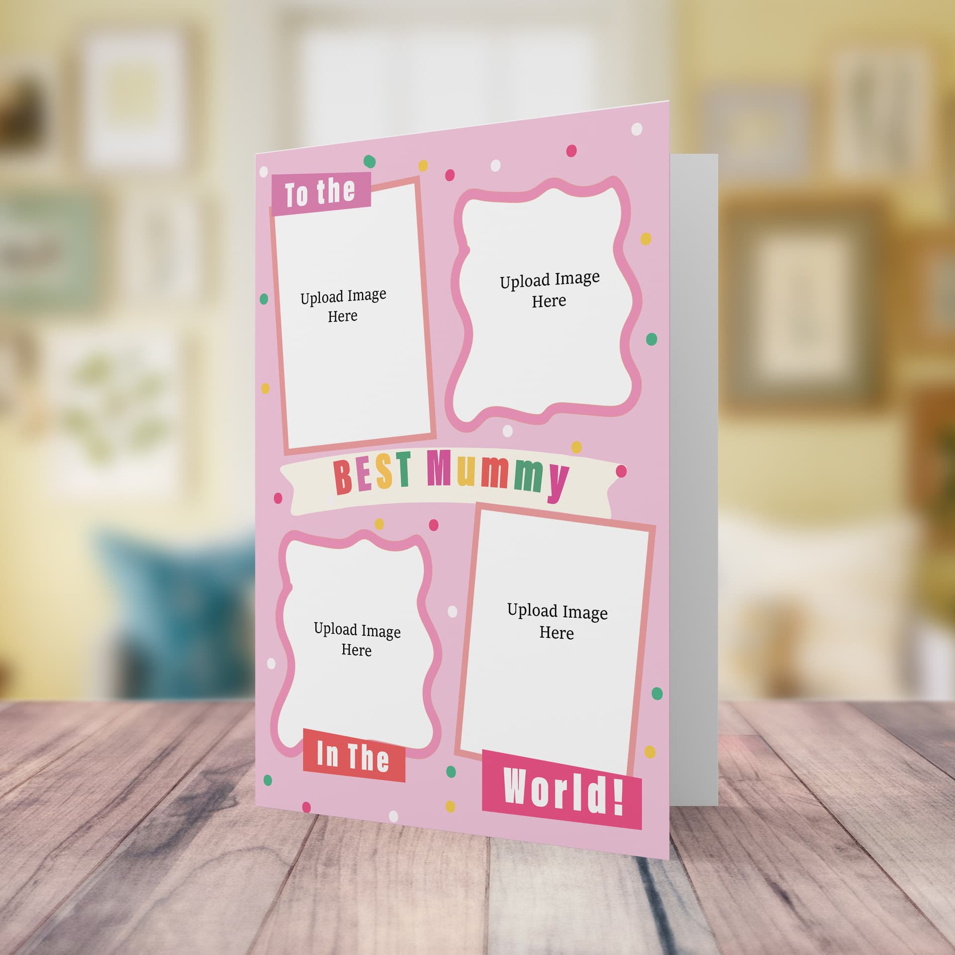 A beautiful A5 photo birthday / mother's day card for mummy in a light pink toned colour scheme with 4 photo windows in English