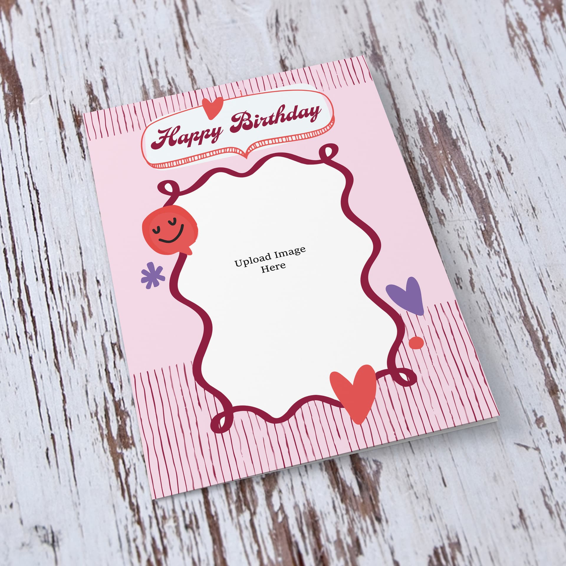 A modern A5 photo birthday card, in pink striped background in English