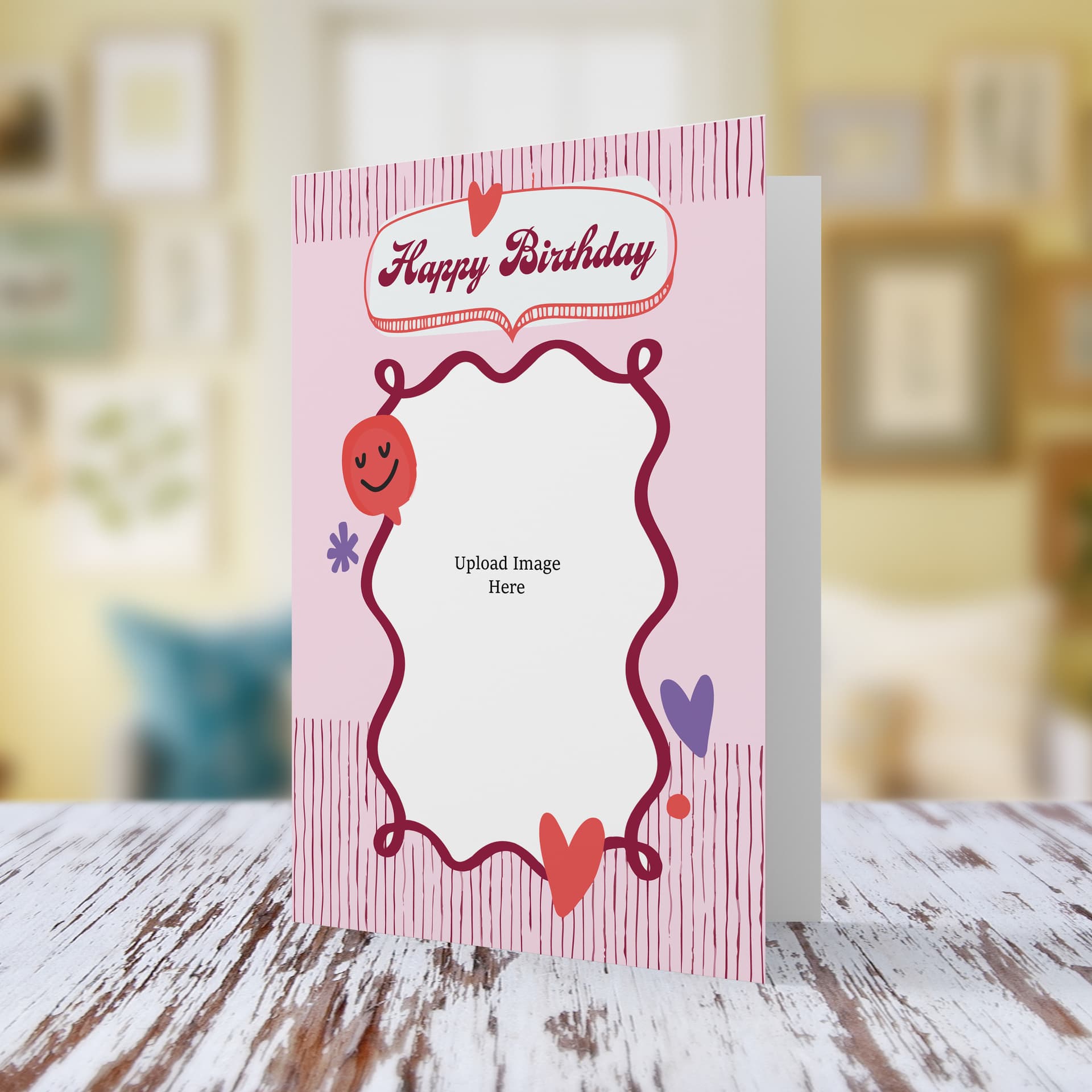 A modern A5 photo birthday card, in pink striped background in English