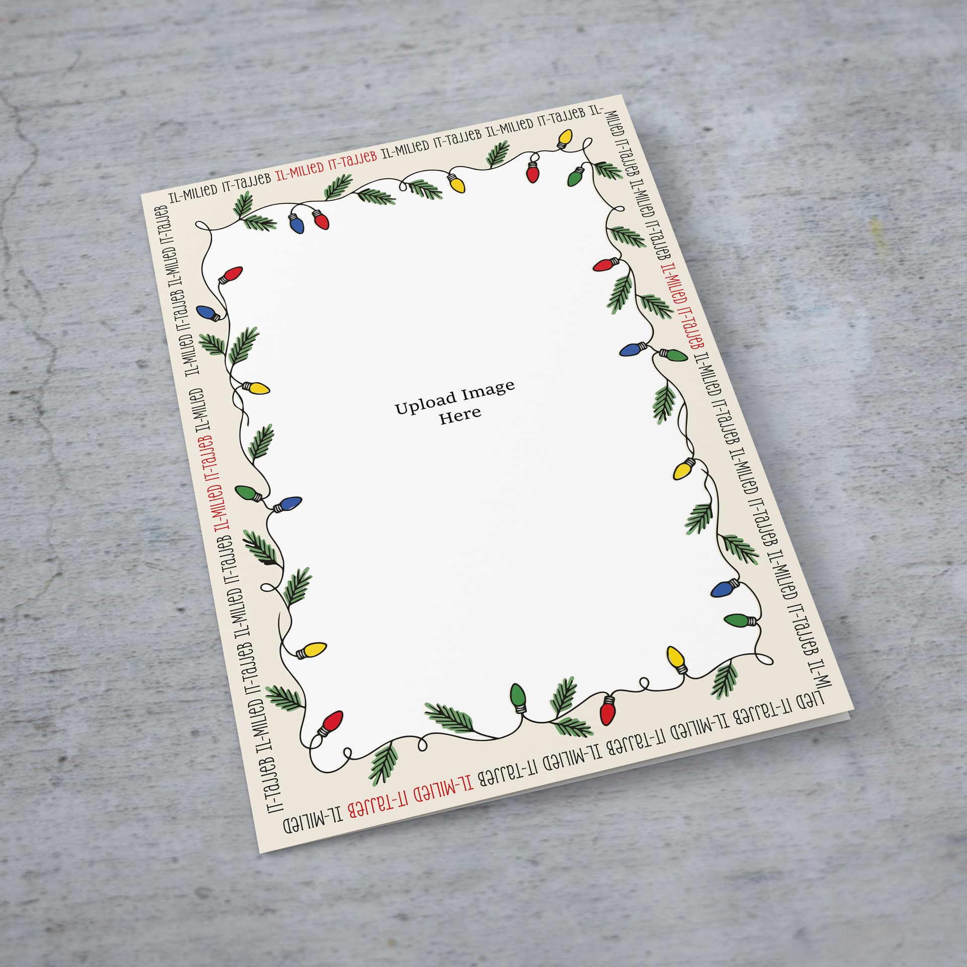 An A5 Christmas card with Happy Christmas wishes repeated along the border, with a cute Christmas light photo border in Maltese (Neutral & unisex)
