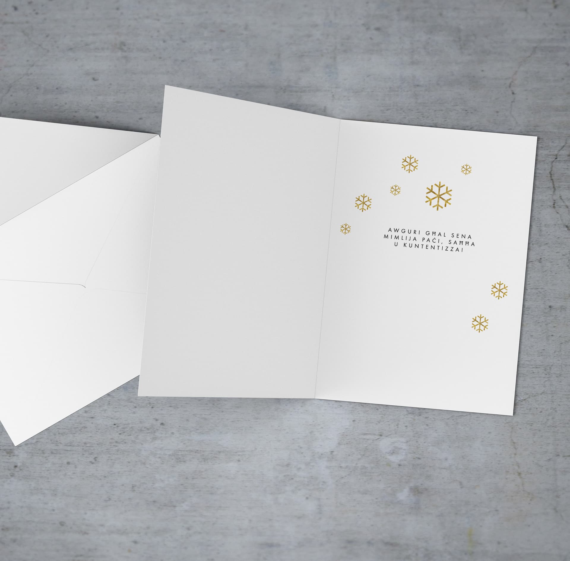 An A5 Christmas card with Happy Christmas wishes repeated along the border, with a cute Christmas light photo border in Maltese (Neutral & unisex)