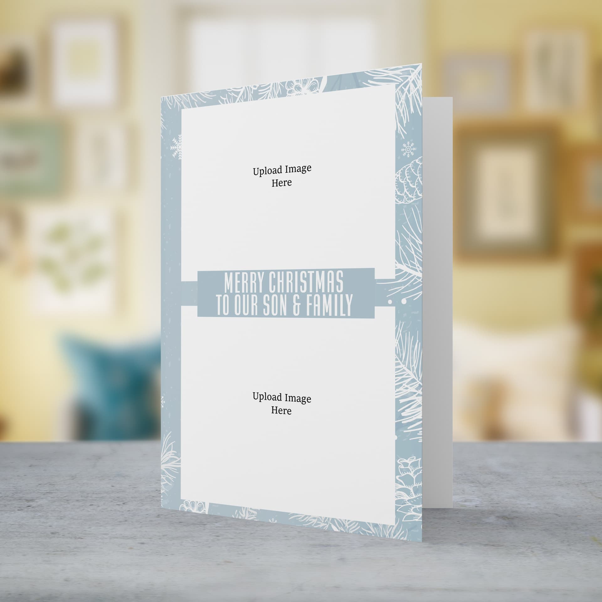 A beautiful A5 Christmas photo card for son & family in a light blue and white christmassy background with 2 photo windows in English