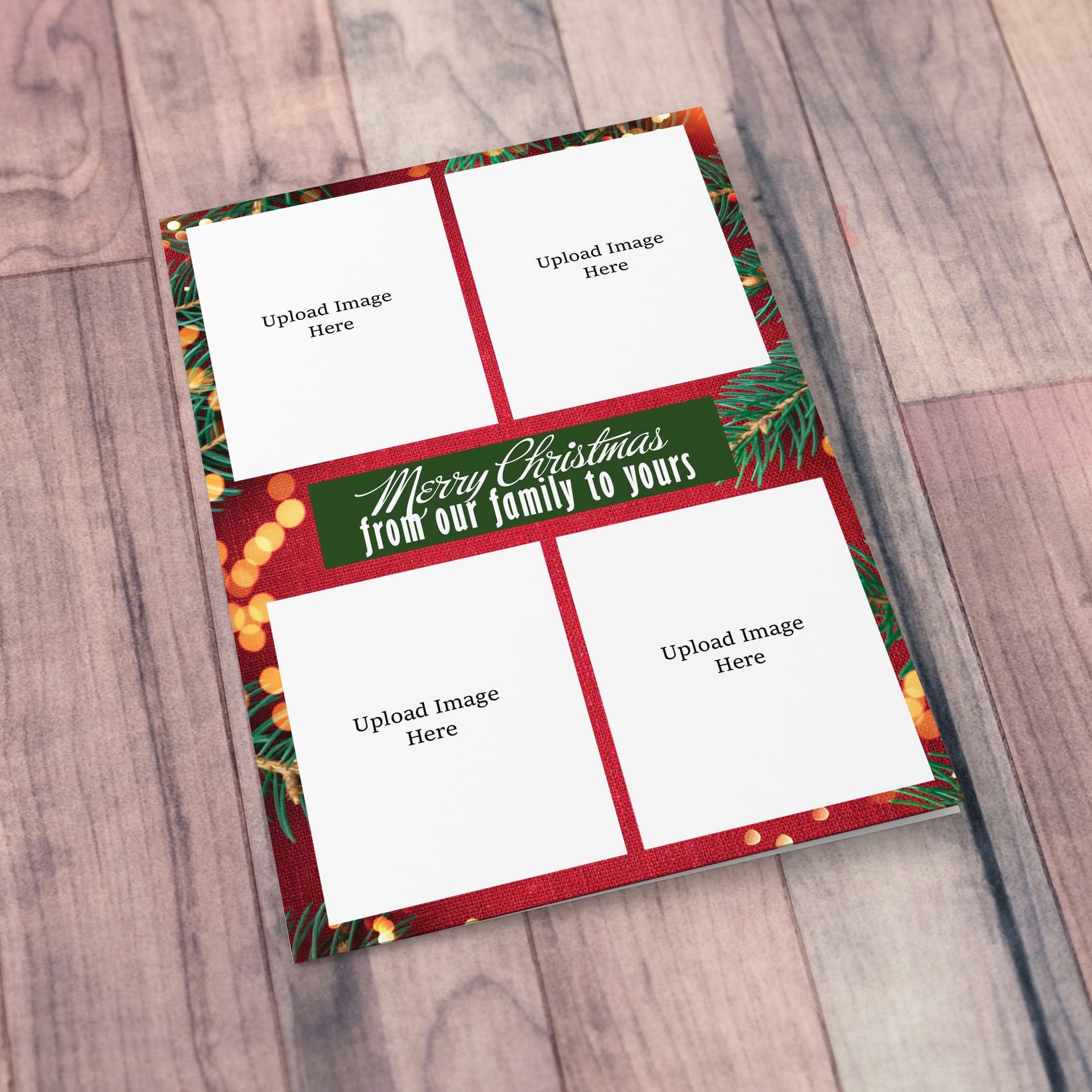 An open A5 Christmas greeting card featuring tree brances, and christmas lights with a 4 window photo upload in English (Neutral & Unisex)
