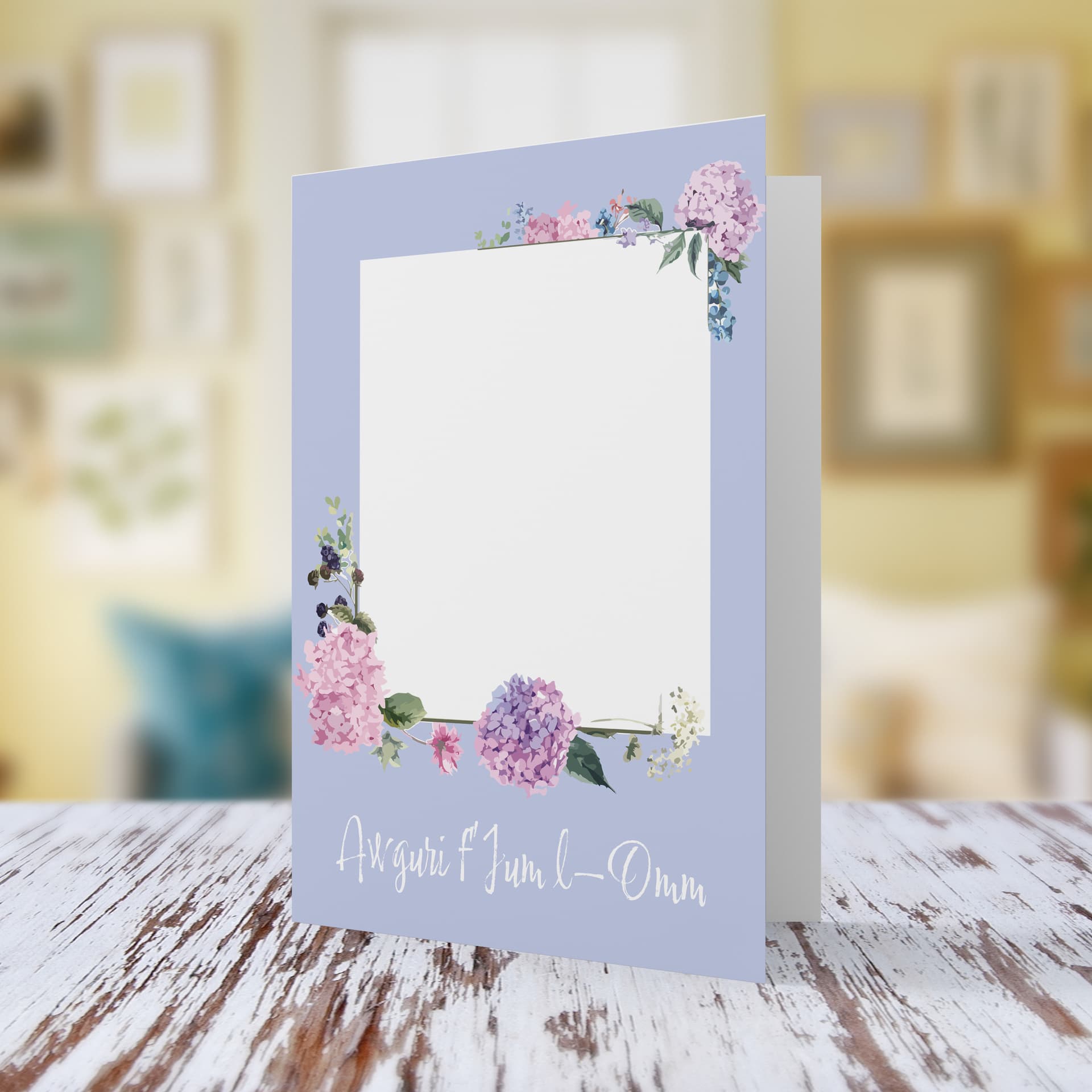 An A5 Photo Mother's Day Card in Light Pastel Colours Featuring a Floral Border in Maltese