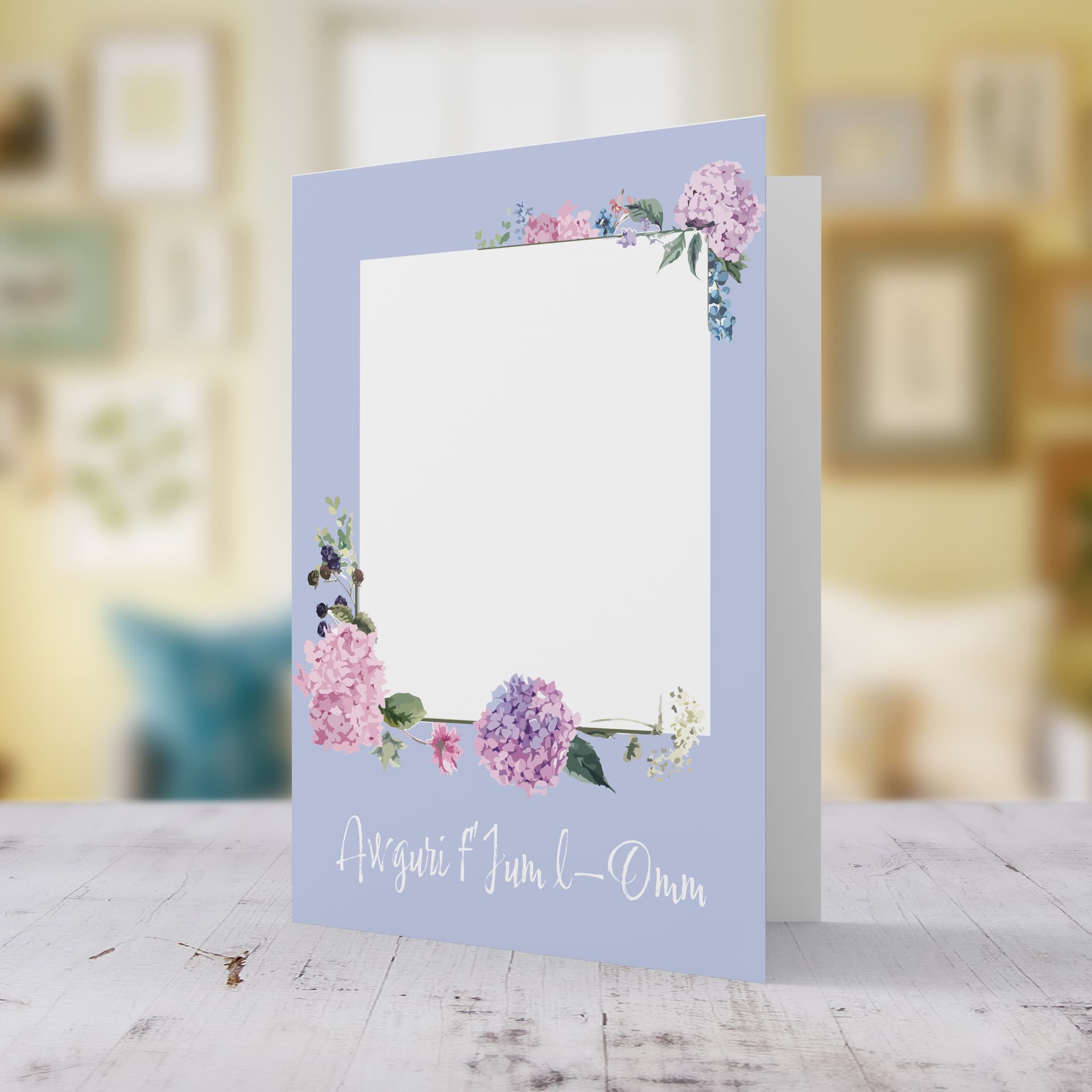 An A5 Photo Mother's Day Card in Light Pastel Colours Featuring a Floral Border in Maltese