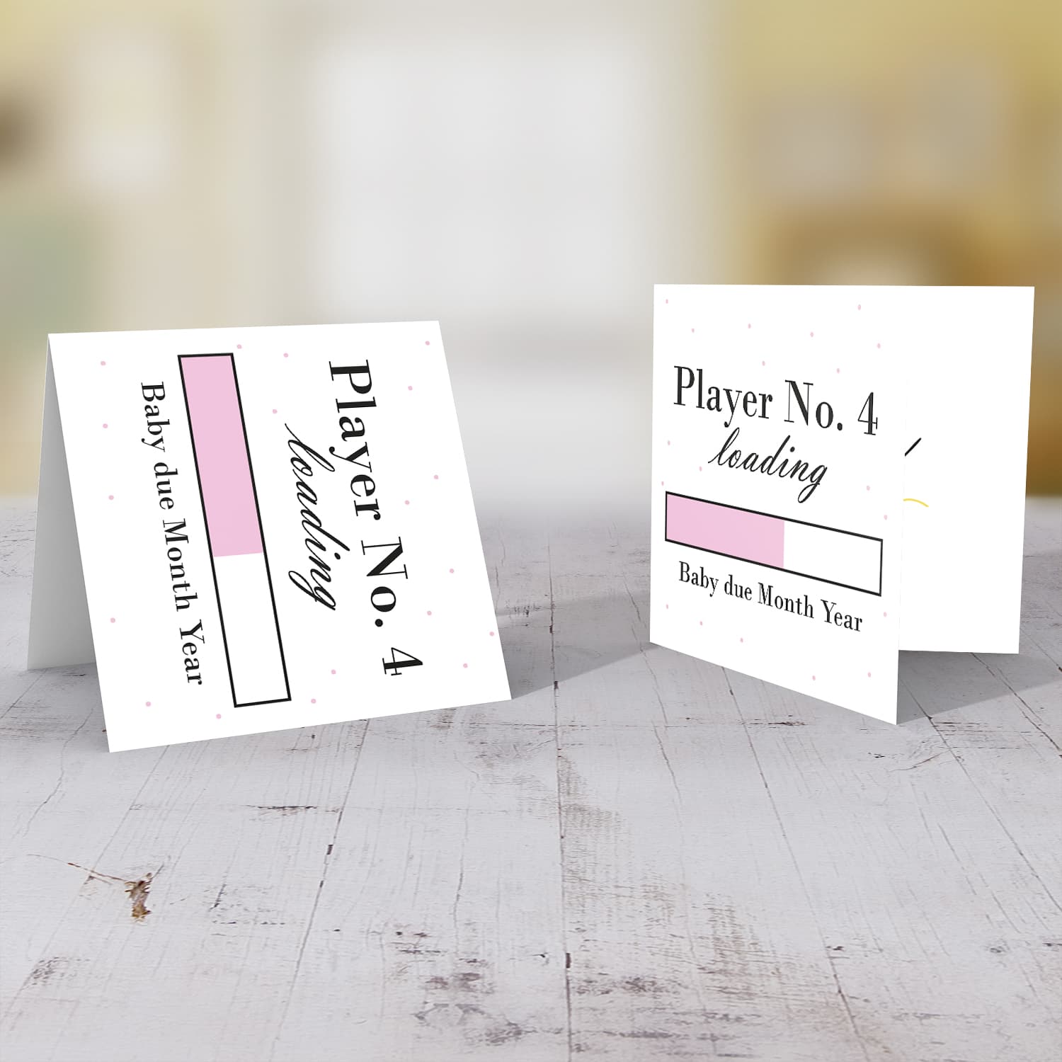 Baby Loading Player No 4 themed (in light pink ) baby/pregnancy announcement personalisable card in English