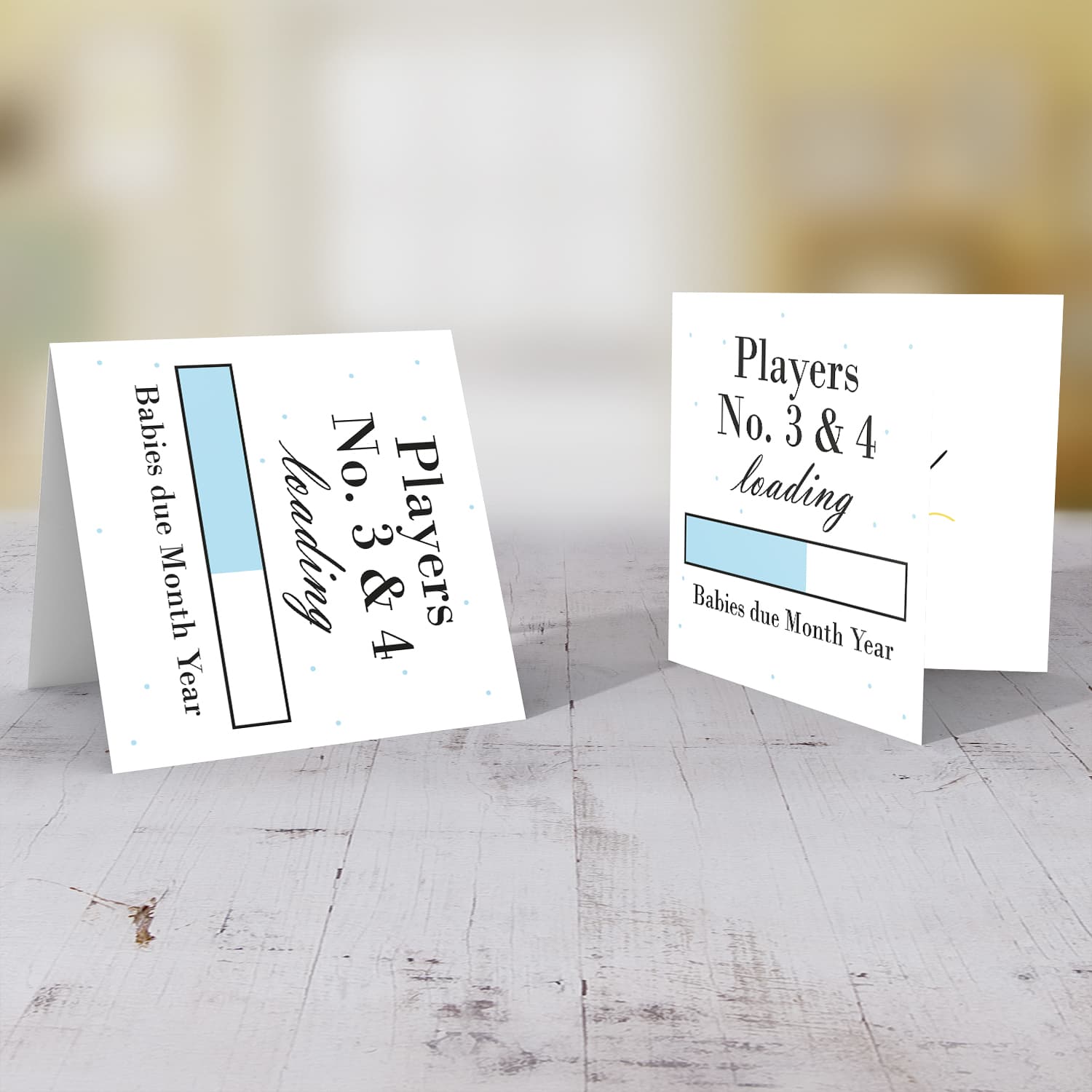 Baby Loading TWINS - Players No3 & 4 themed (in light blue) baby/pregnancy announcement personalisable card in English