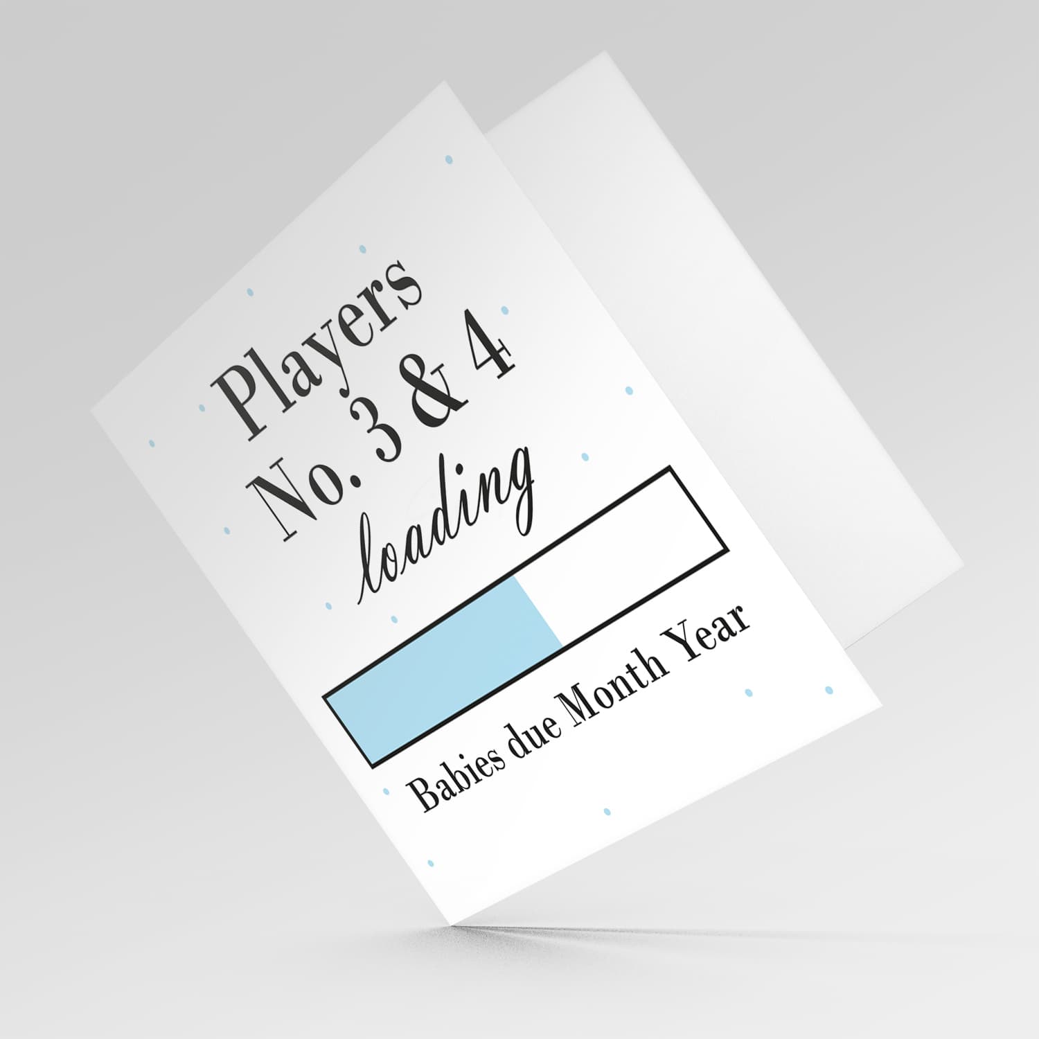 Baby Loading TWINS - Players No3 & 4 themed (in light blue) baby/pregnancy announcement personalisable card in English