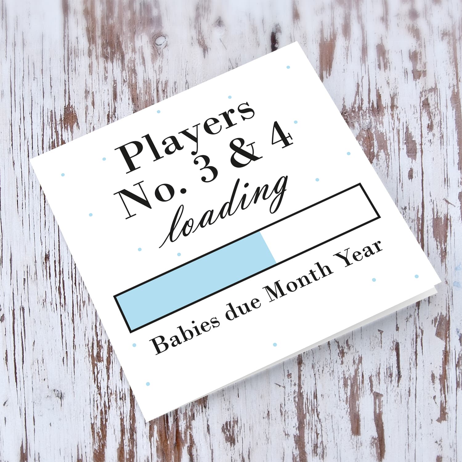 Baby Loading TWINS - Players No3 & 4 themed (in light blue) baby/pregnancy announcement personalisable card in English
