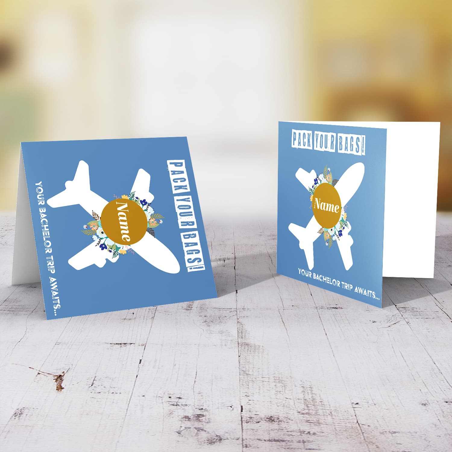 Surprise trip bachelor card in blue background, with a white plane, blue flowers (personalisable) in English