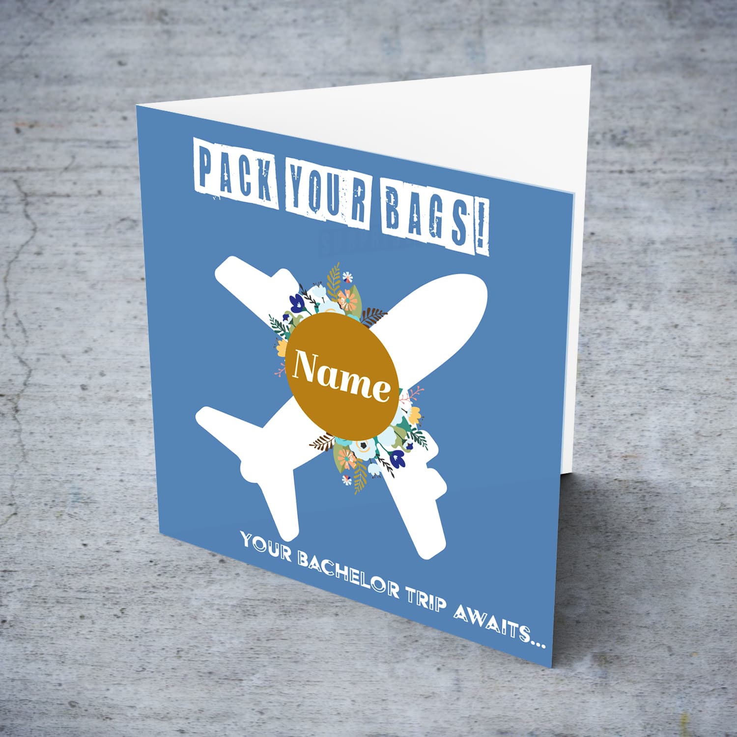 Surprise trip bachelor card in blue background, with a white plane, blue flowers (personalisable) in English