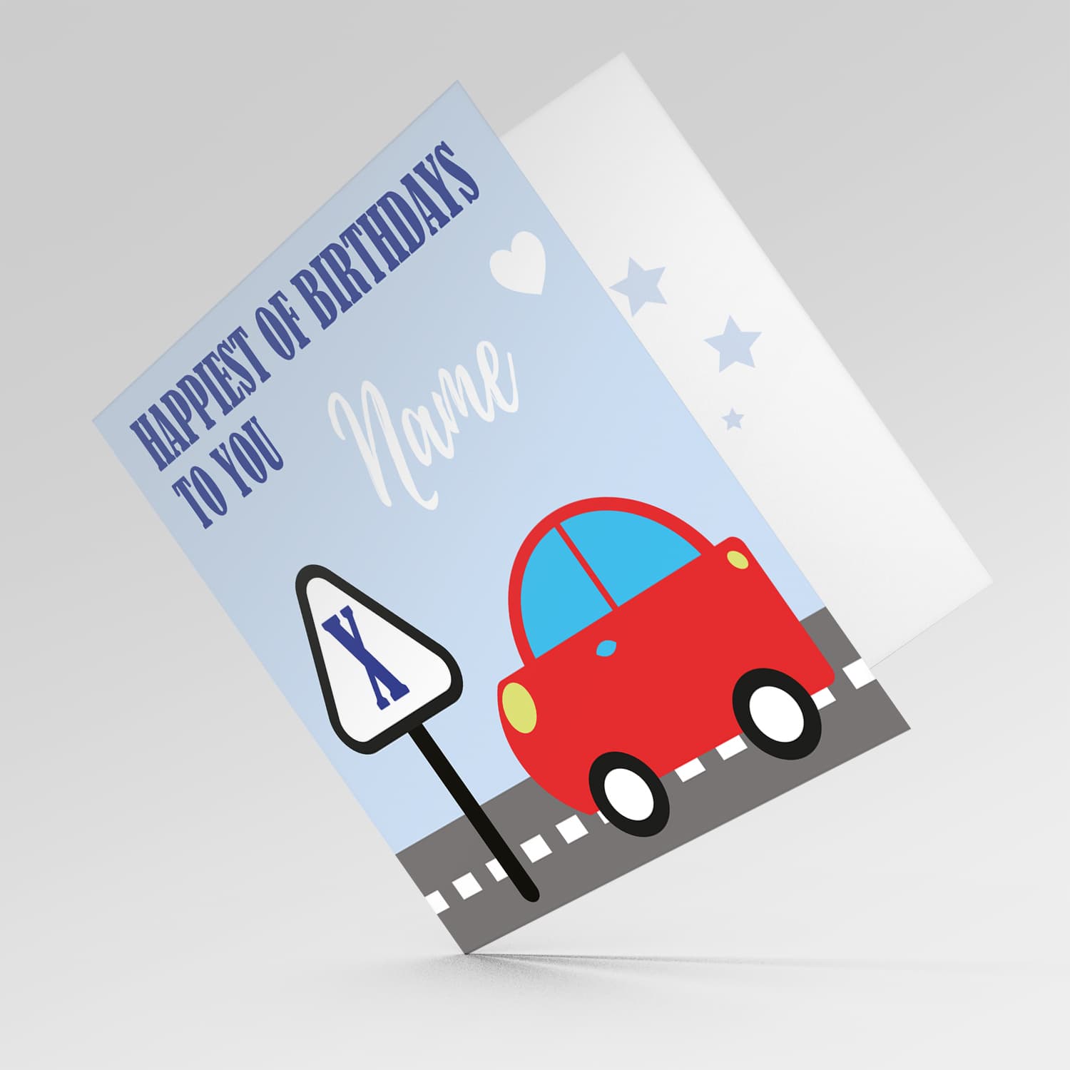 Red car pesonalisable birthday card with age and name for boys in English 