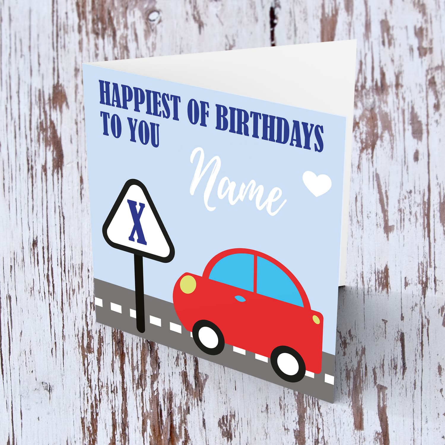 Red car pesonalisable birthday card with age and name for boys in English 