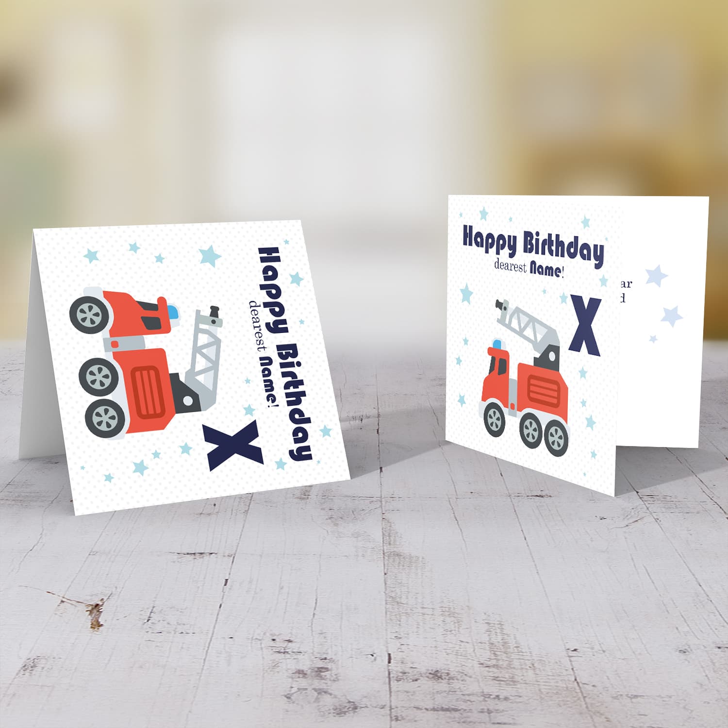 Firetruck personalisable birthday card with name and age in English