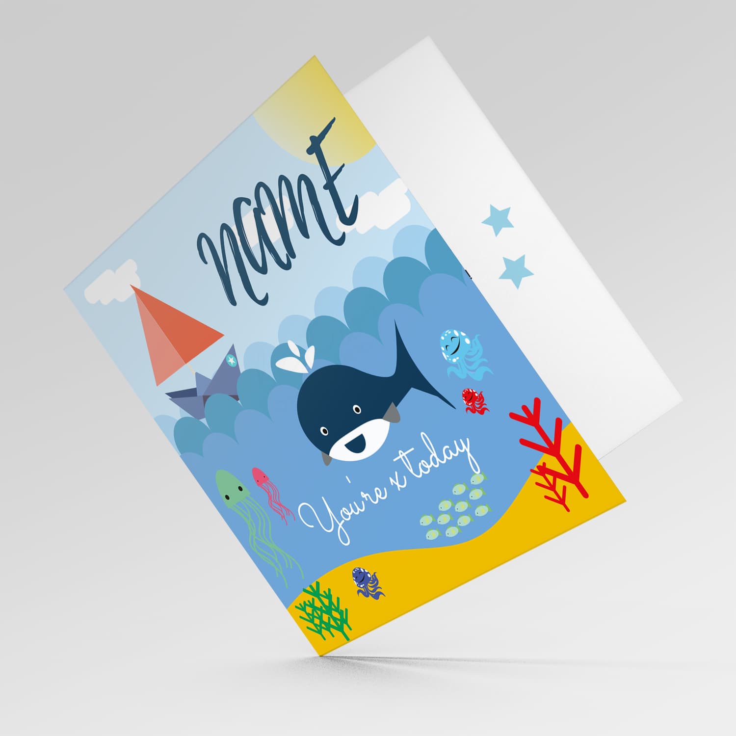 Underwater sea themed birthday card with whale, jellyfish, fish, octopus and sailing boat in English