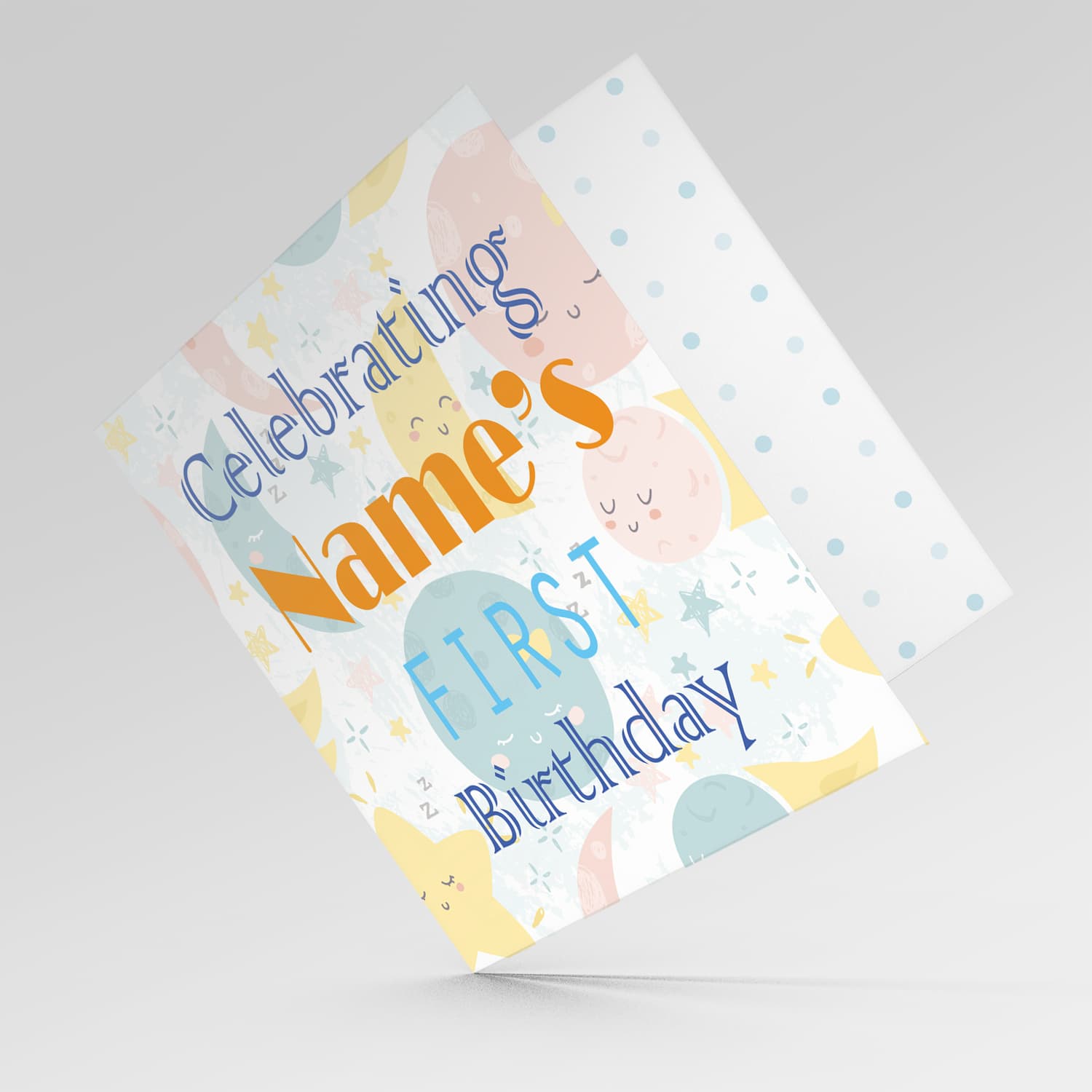 Moon and Stars themed First Birthday Personalisable Card in English