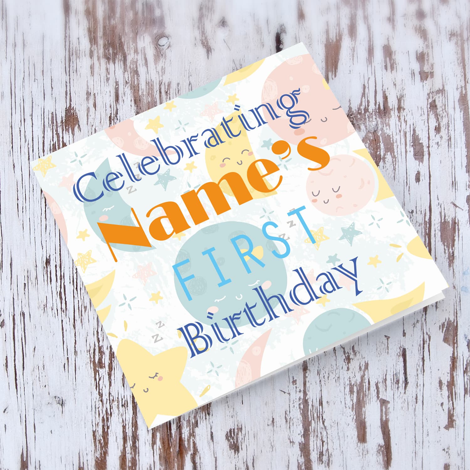 Moon and Stars themed First Birthday Personalisable Card in English