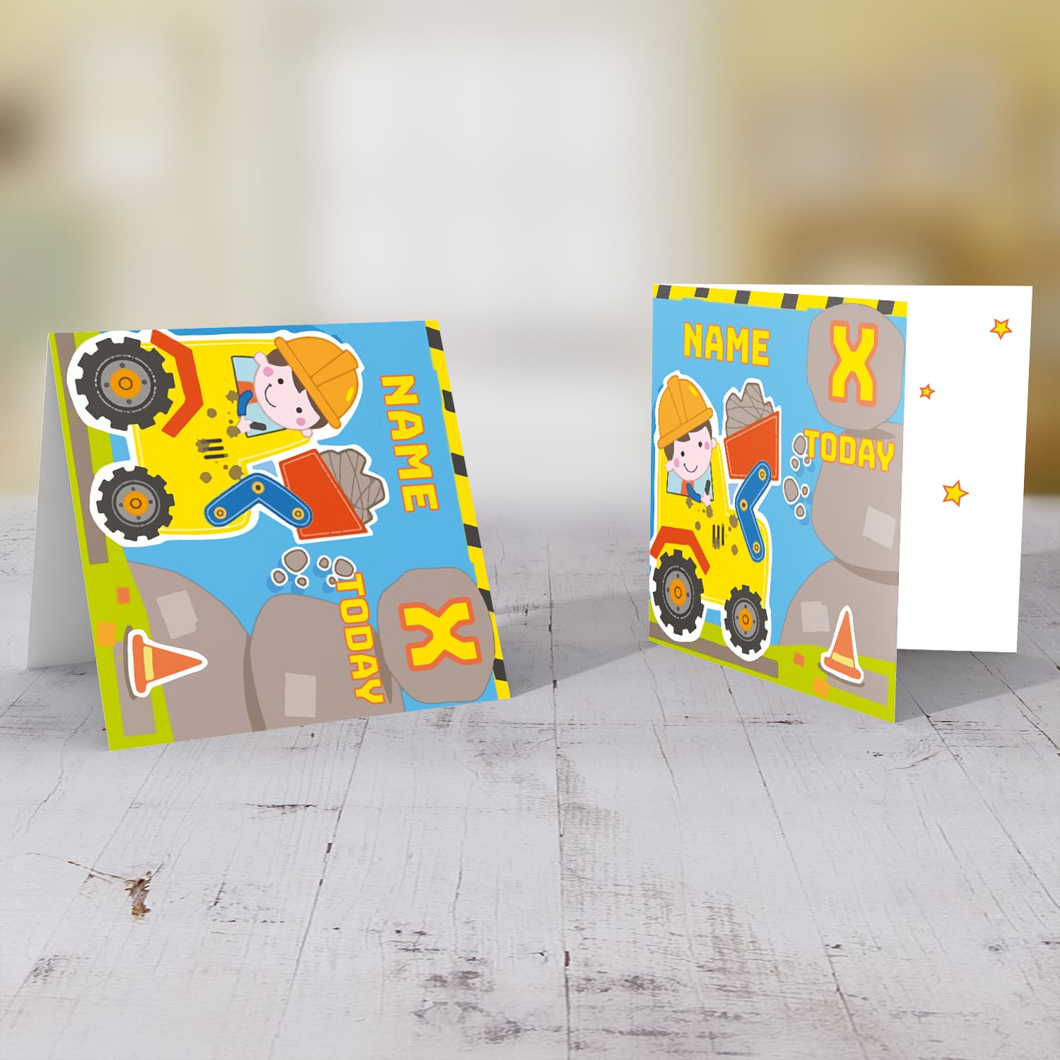 Bulldozer themed personalisable birthday card in English 