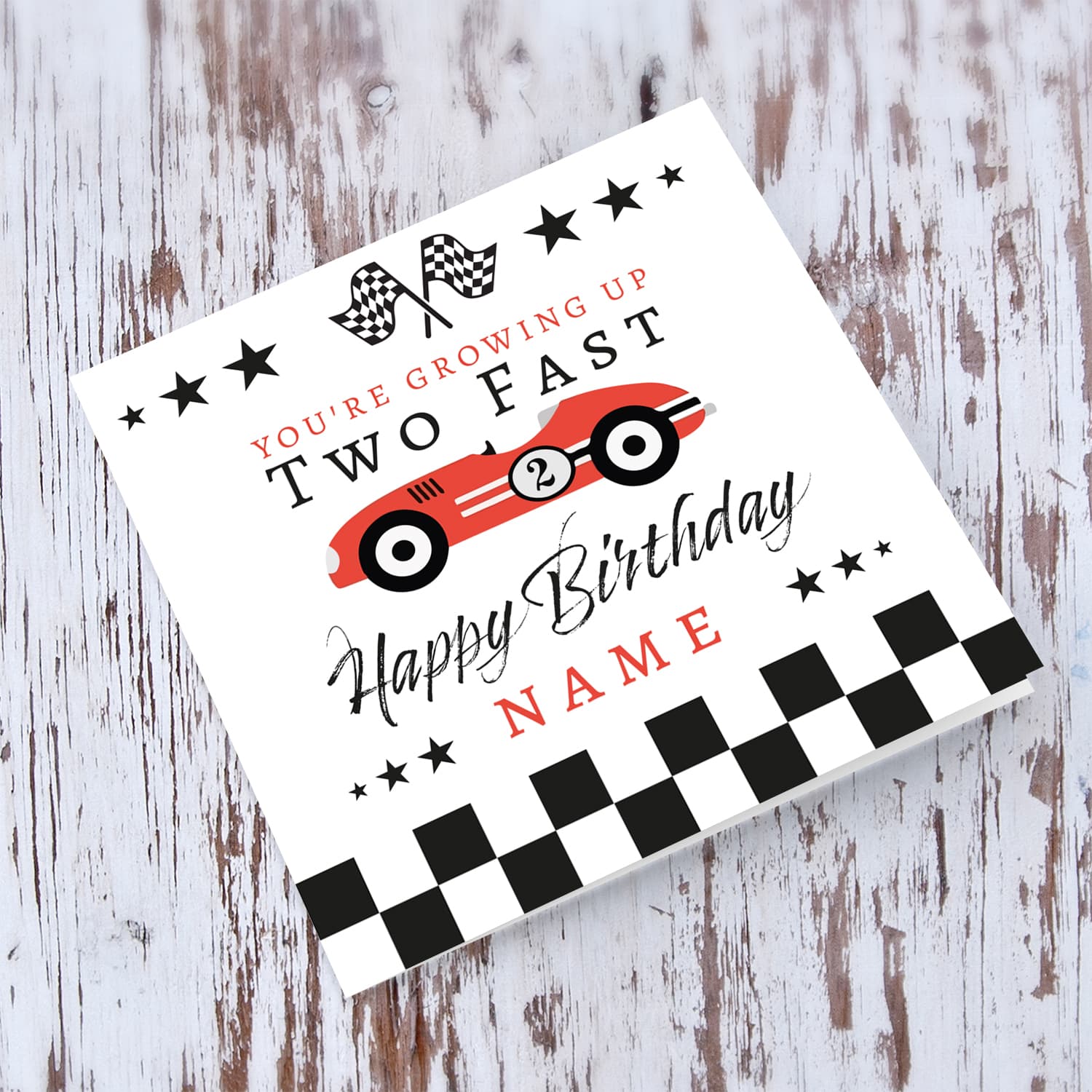 2 year old - Red Race Car themed birthday card in English (Personalisable) 