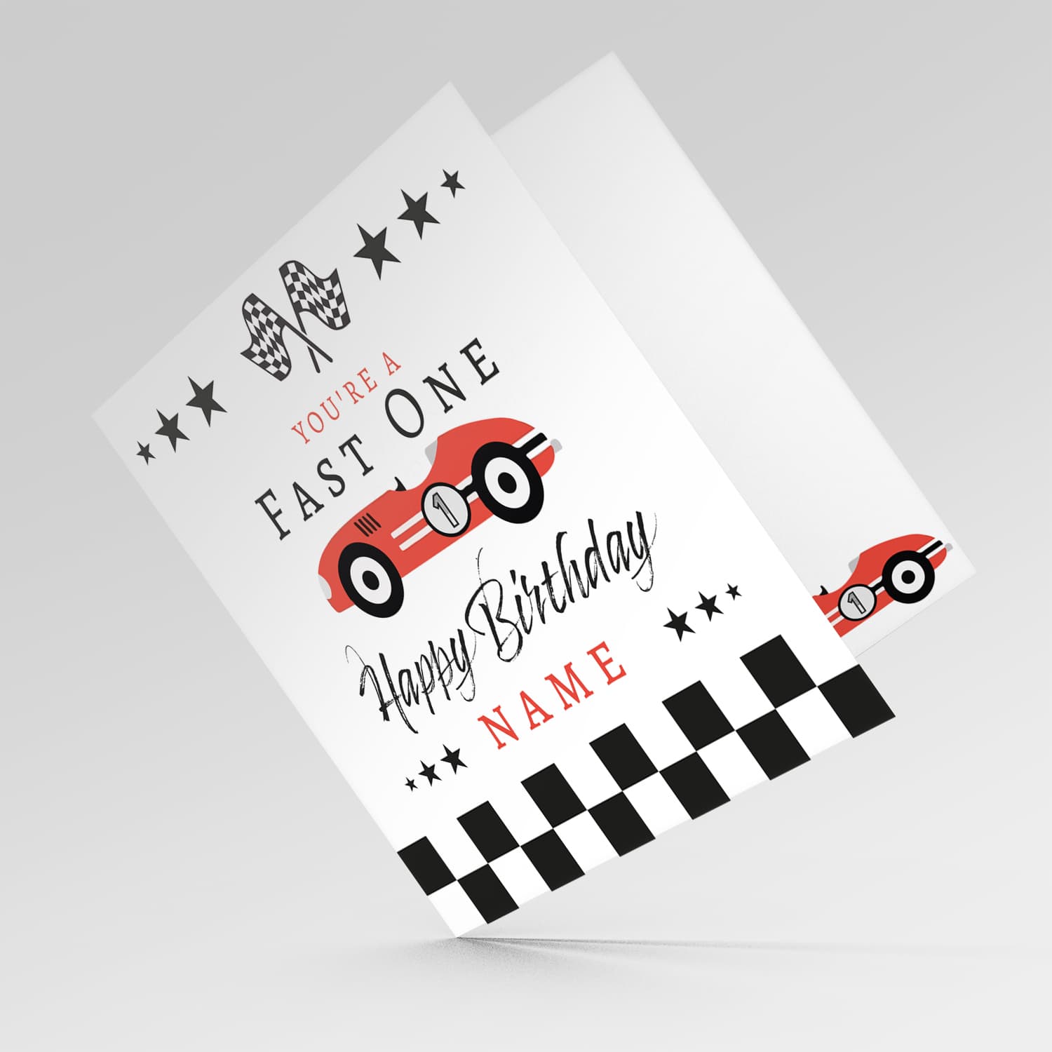 1 year old - Red Race Car themed birthday card in English (Personalisable) 