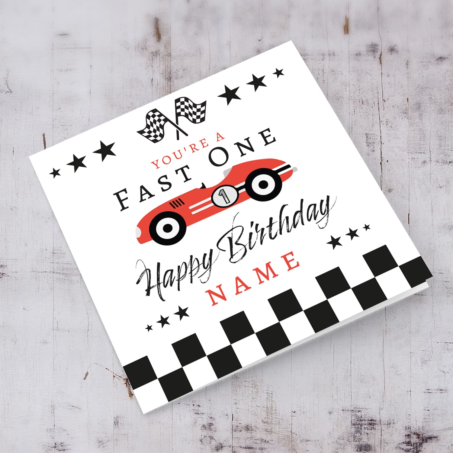 1 year old - Red Race Car themed birthday card in English (Personalisable) 