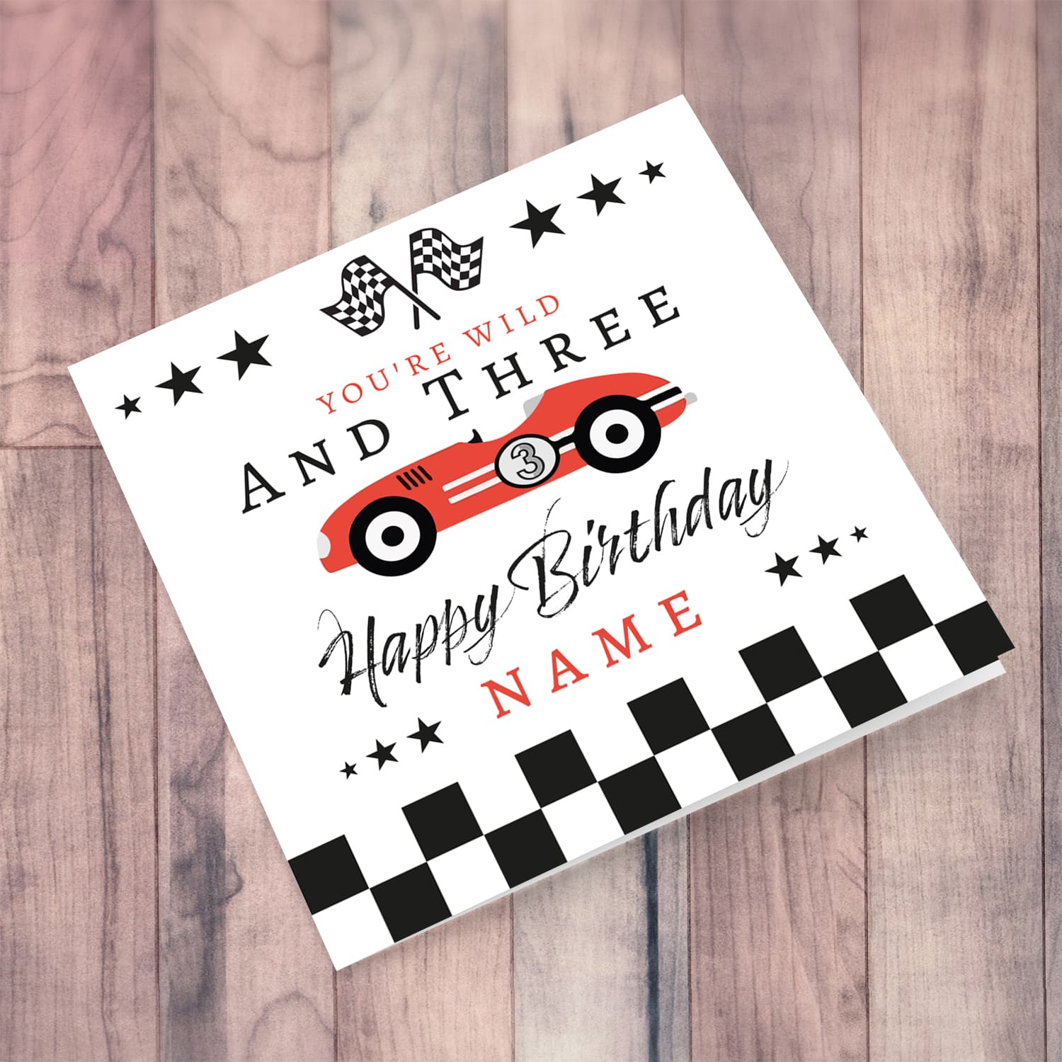3 year old - Red Race Car themed birthday card in English (Personalisable) 
