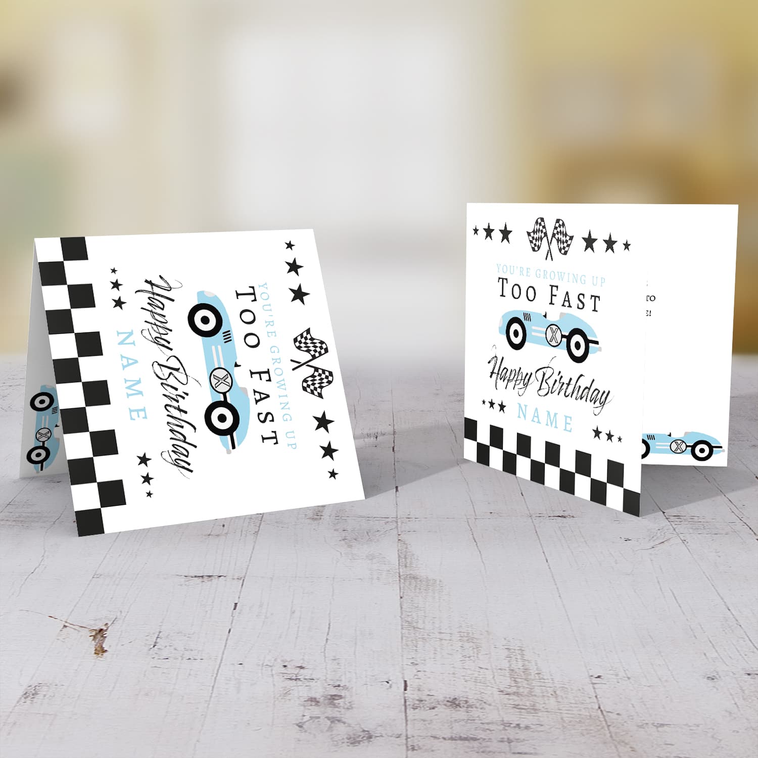 Ble Race car themed birthday card in English with chequered  flags - You're growing up too fast in English (Personalisable)