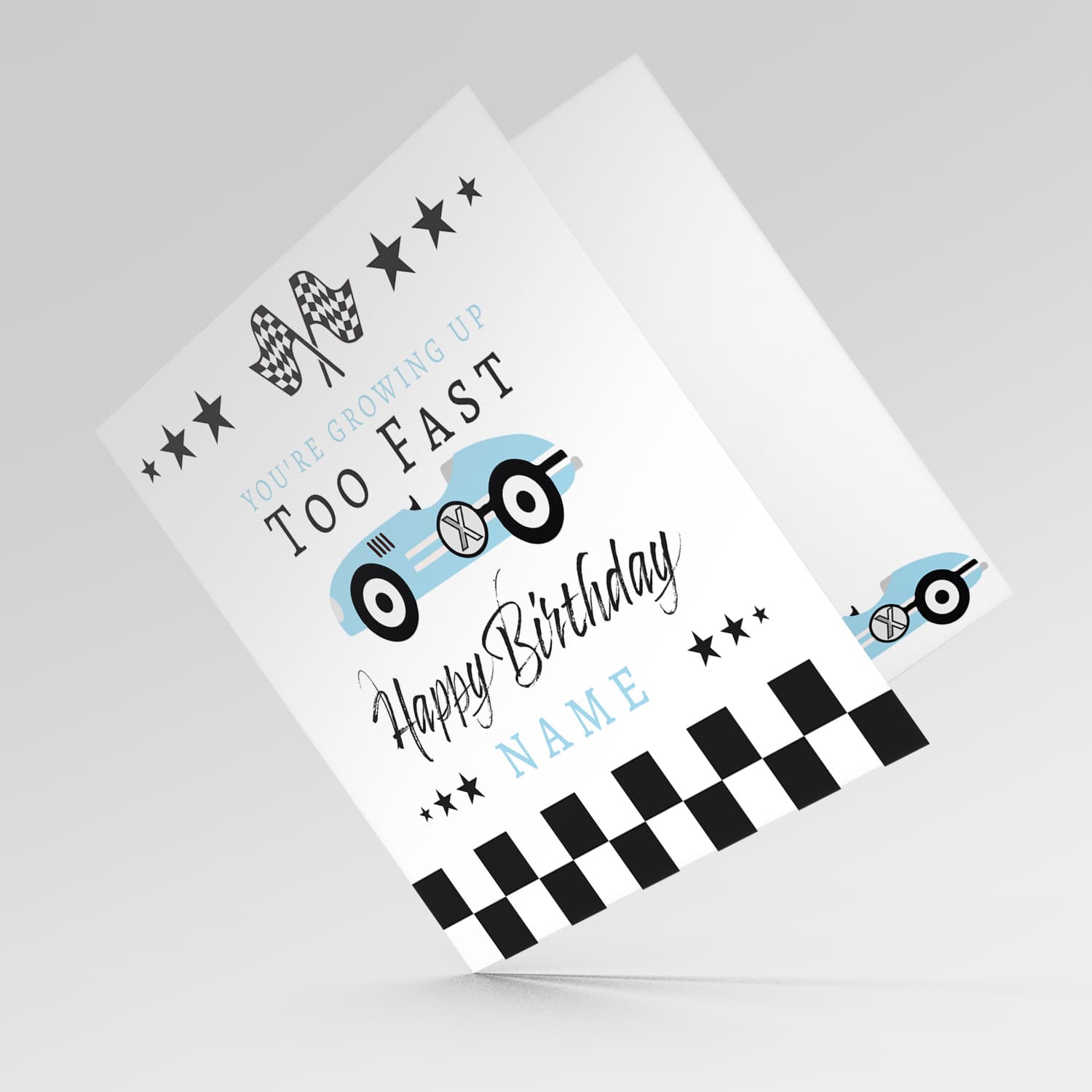Ble Race car themed birthday card in English with chequered  flags - You're growing up too fast in English (Personalisable)