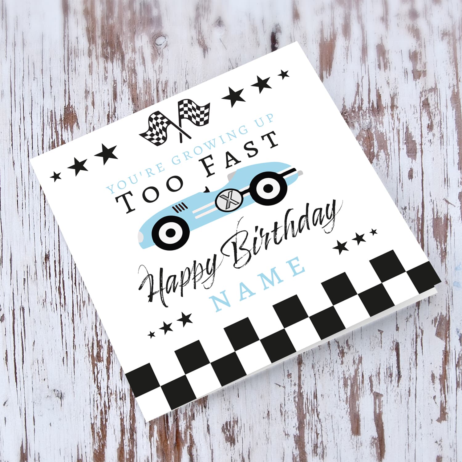 Ble Race car themed birthday card in English with chequered  flags - You're growing up too fast in English (Personalisable)