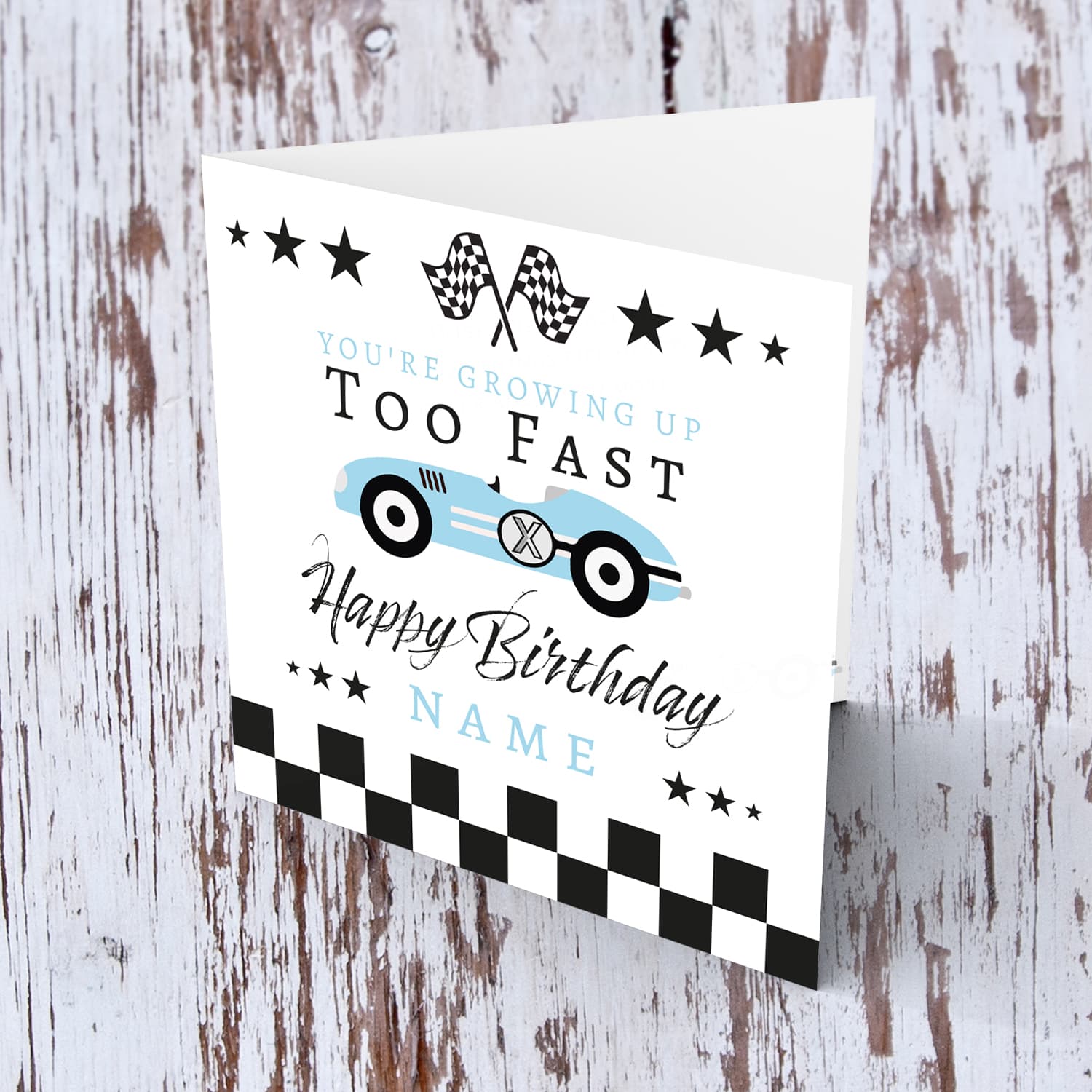 Ble Race car themed birthday card in English with chequered  flags - You're growing up too fast in English (Personalisable)