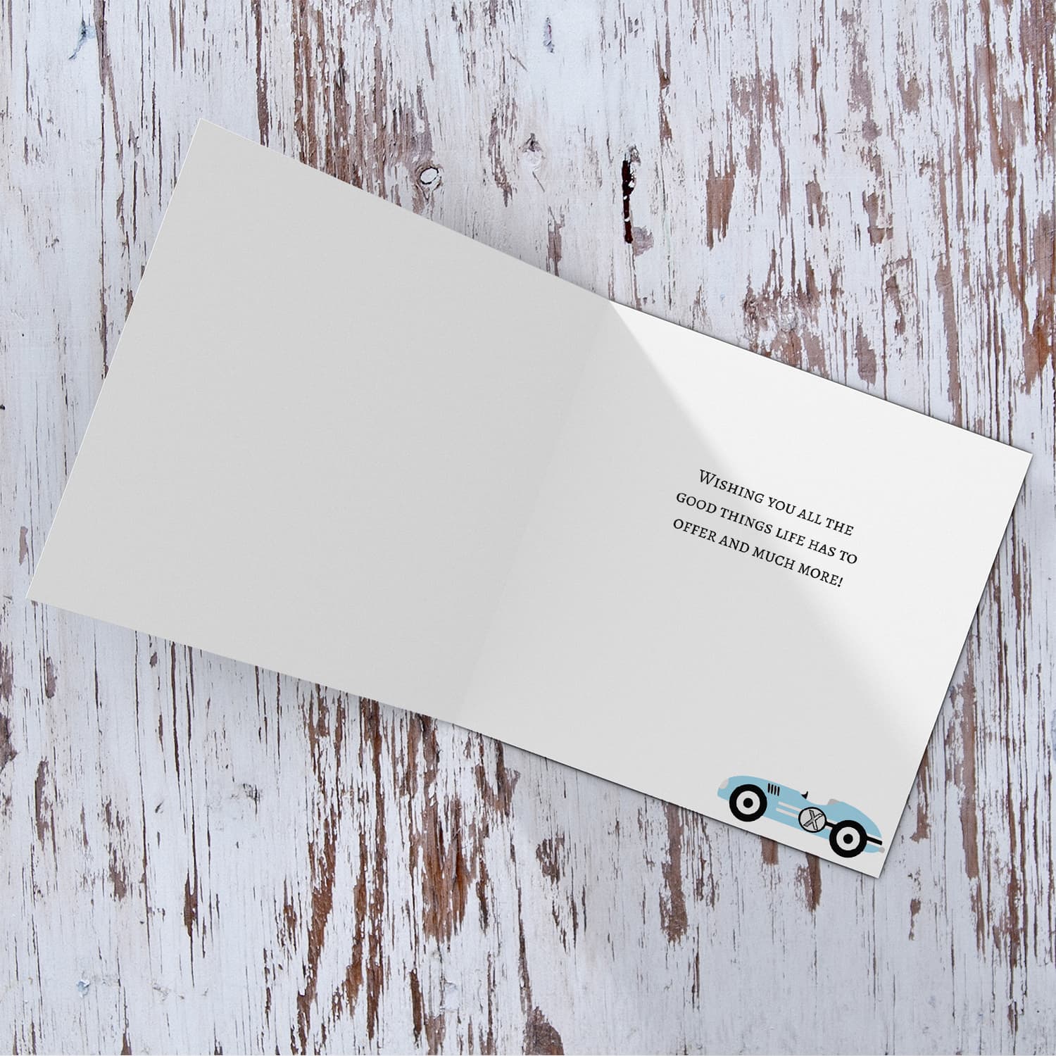 Ble Race car themed birthday card in English with chequered  flags - You're growing up too fast in English (Personalisable)