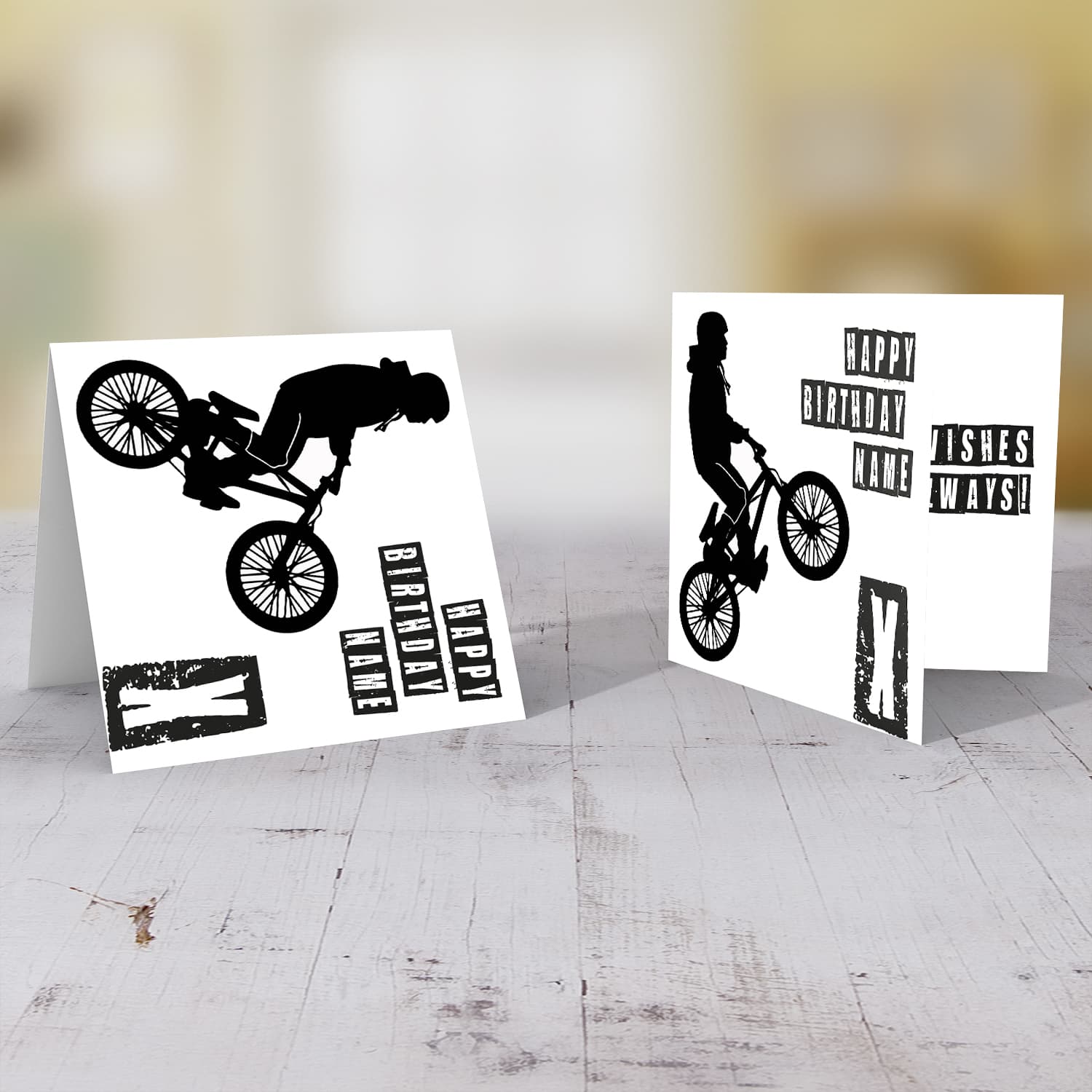 Bicycle themed birthday monochrome card in English (Personalisable)