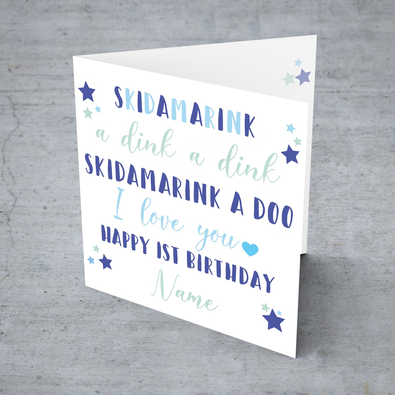 Skidamarink a dink a dink 1st birthday card for boys in English (Personalisable)