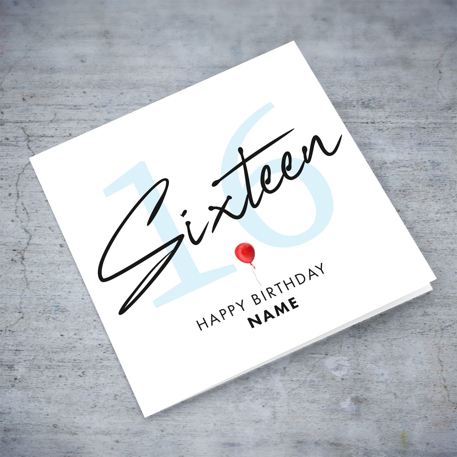 16th personalisable birthday card with red balloon in English