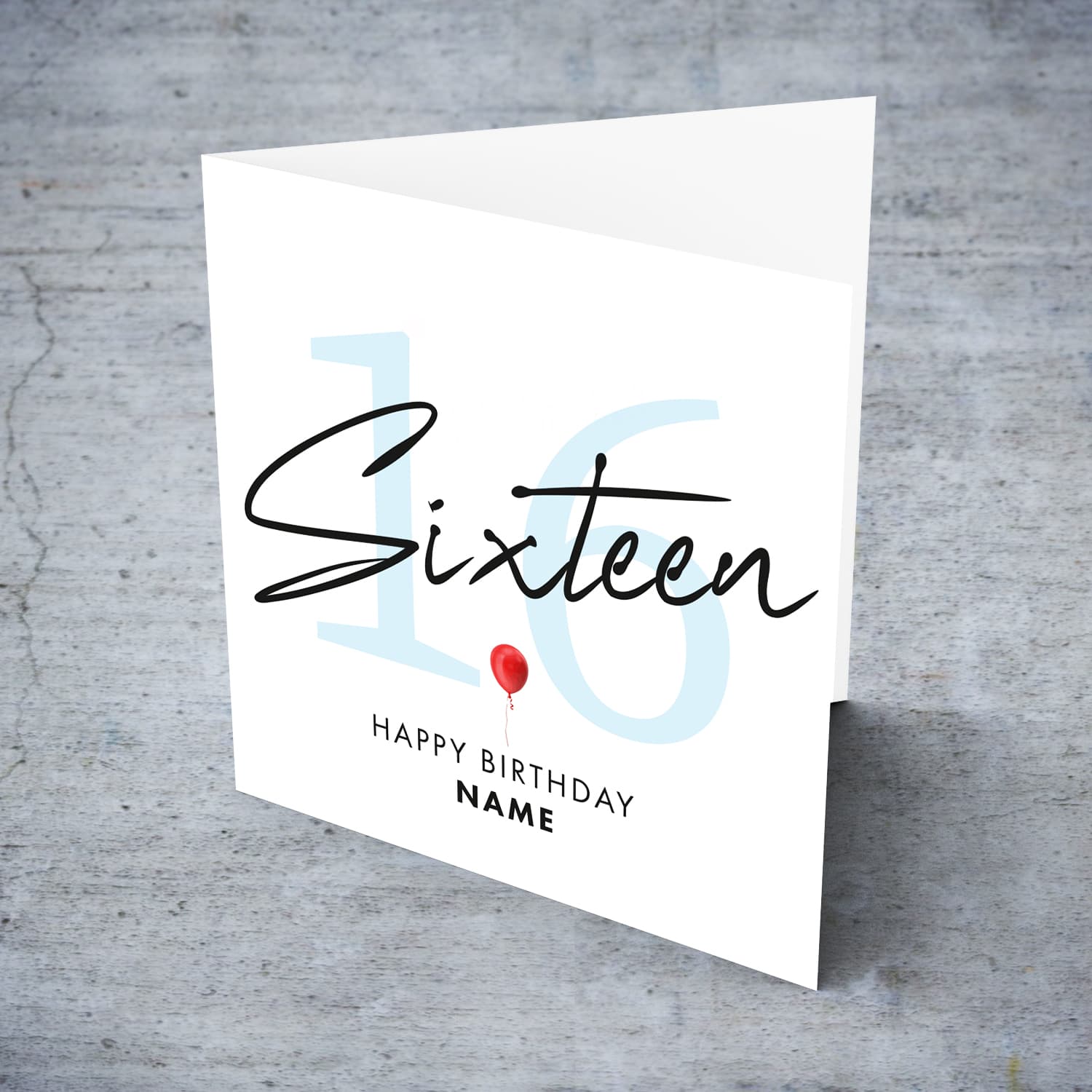 16th personalisable birthday card with red balloon in English