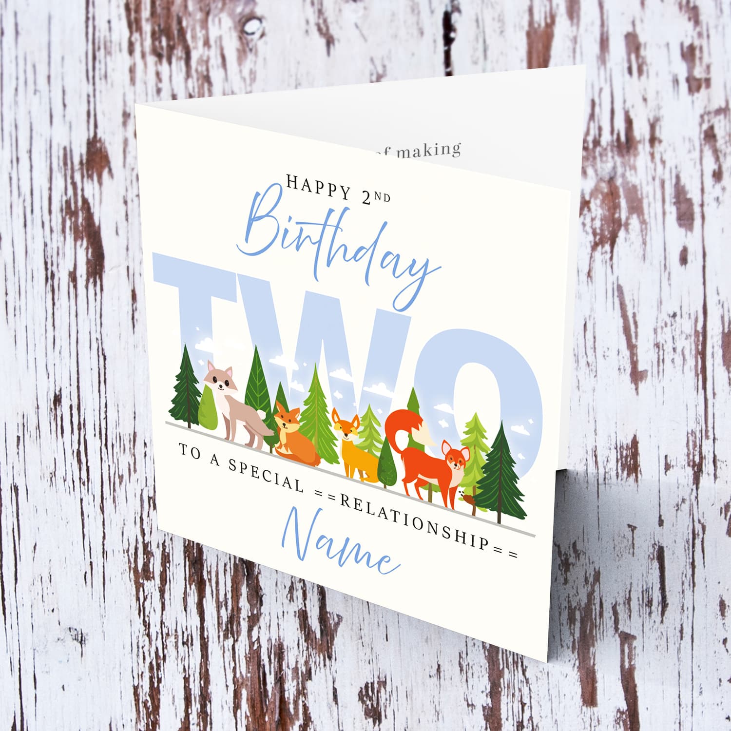 A cute 2nd Birthday card - featuring cute forest animals and trees in English (Personalisable)