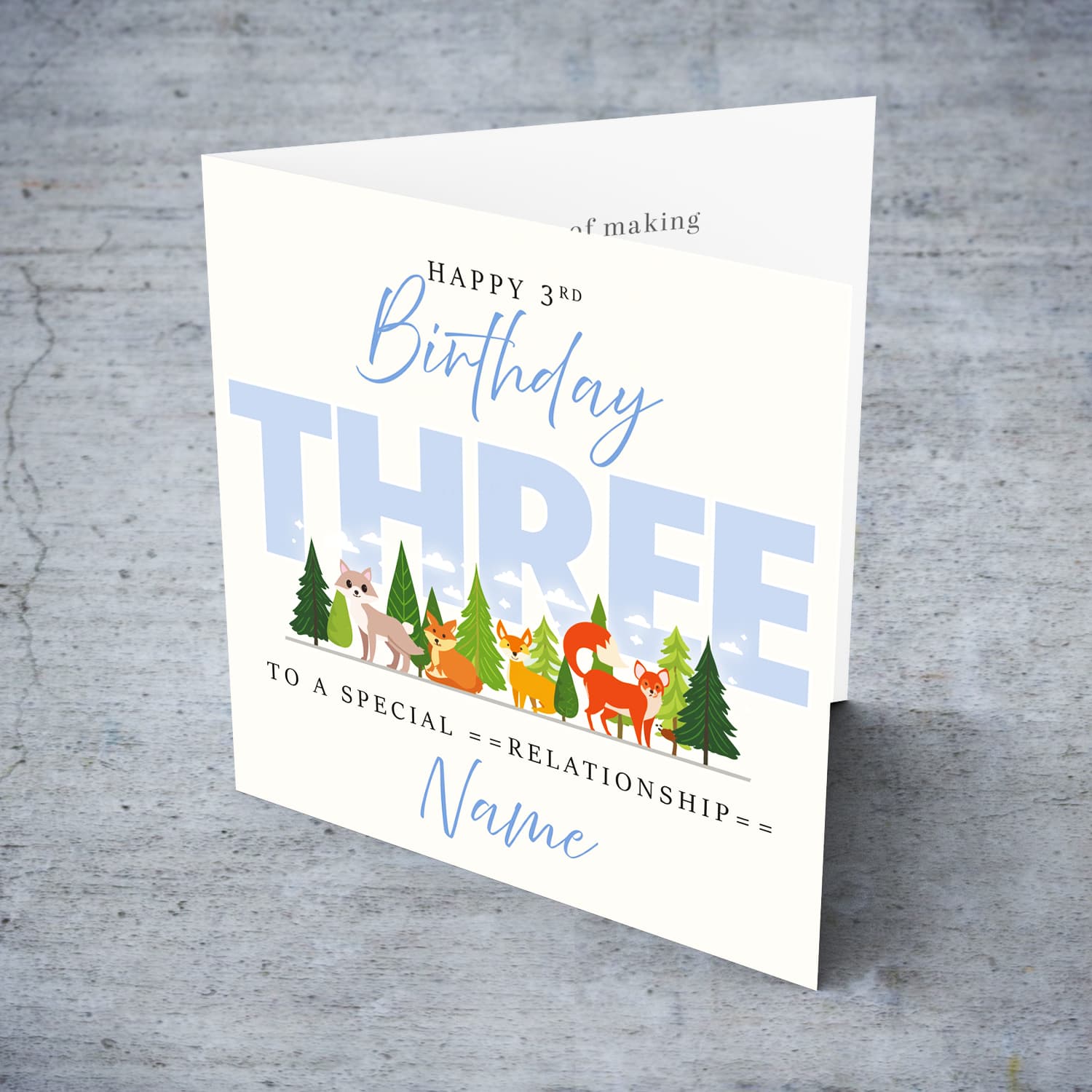 A cute 3rd Birthday card - featuring cute forest animals and trees in English (Personalisable)